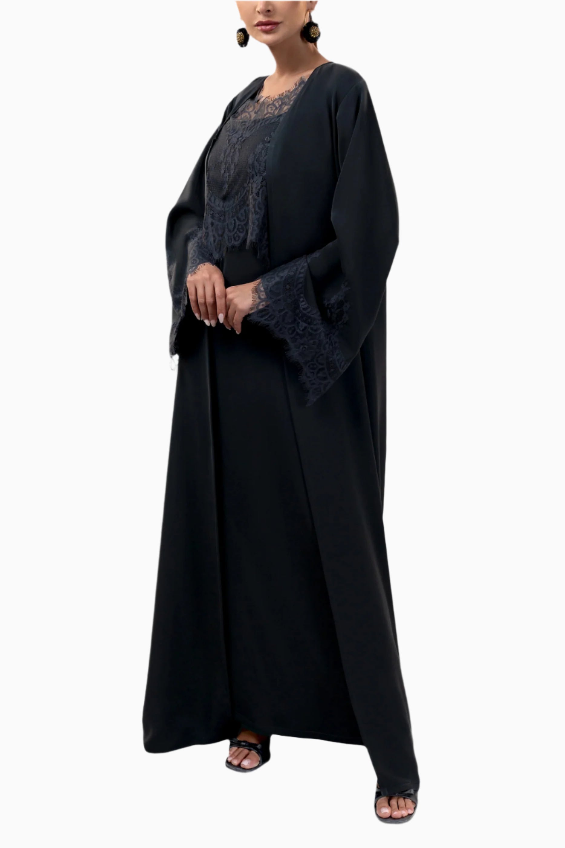 Shaden Maroon - Lace Abaya with Lace Inner Dress Set