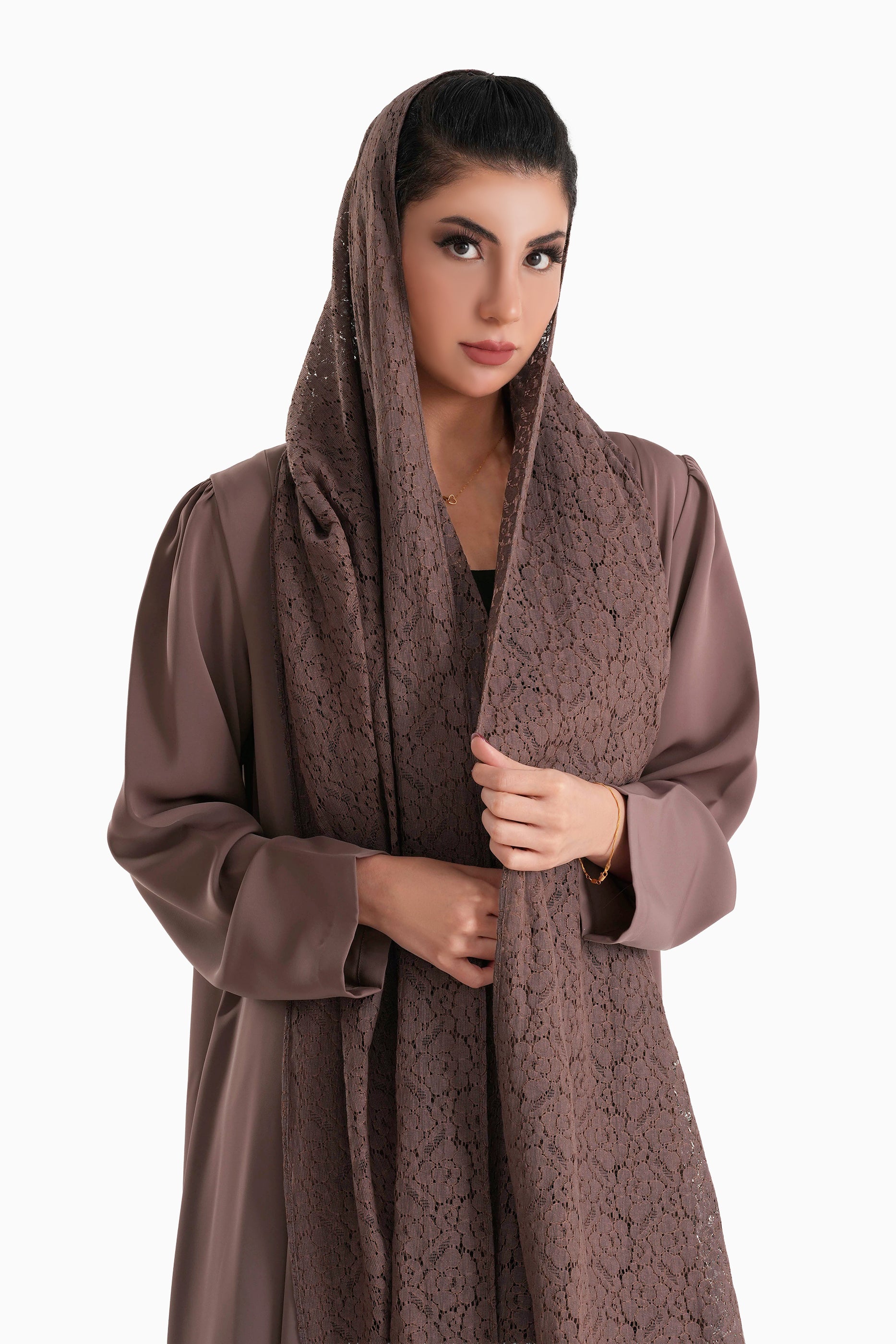 Frenchelle Mocha - Plain Minimalist Abaya with Matching Floral Lace Shella Set