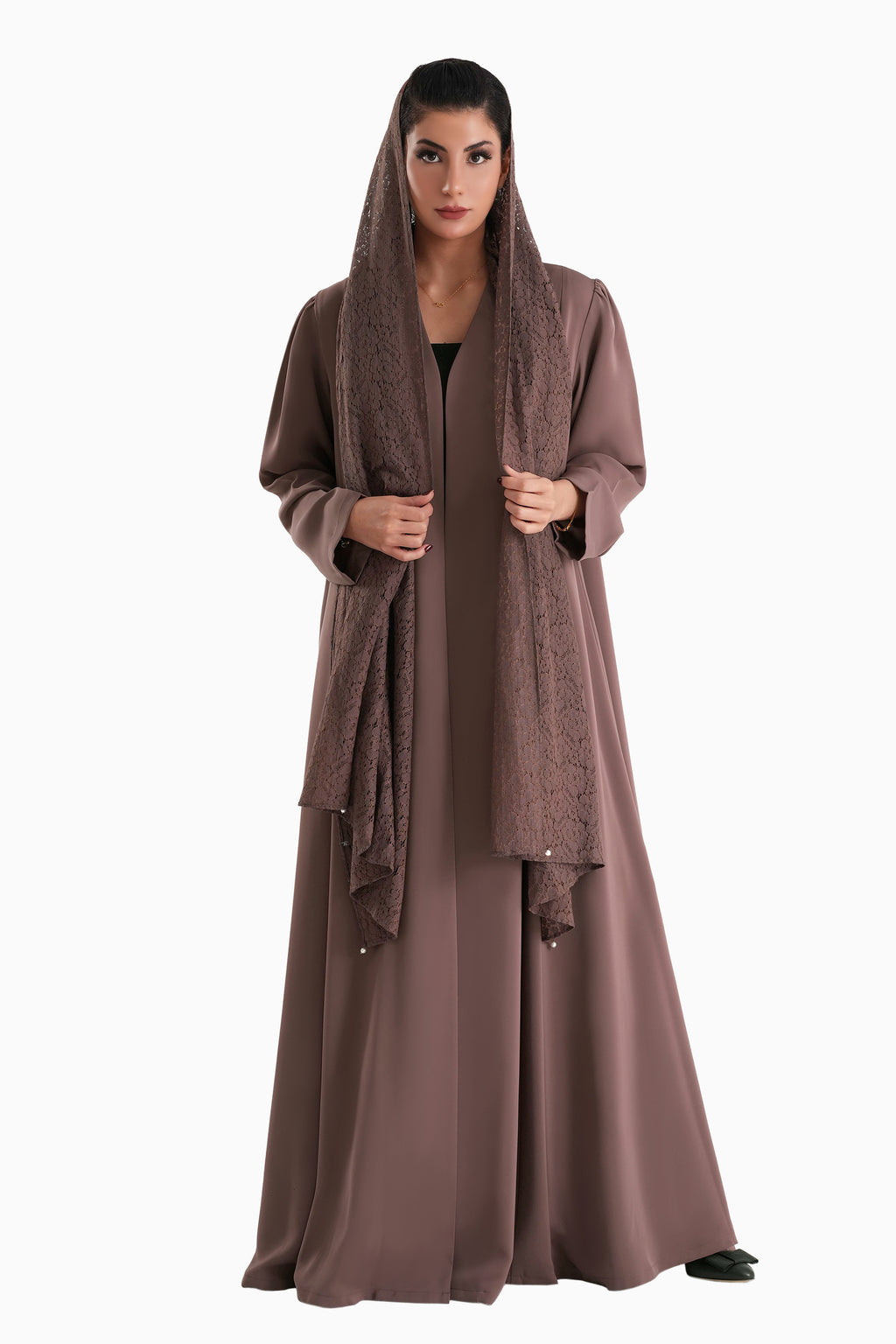 Frenchelle Mocha - Plain Minimalist Abaya with Matching Floral Lace Shella Set