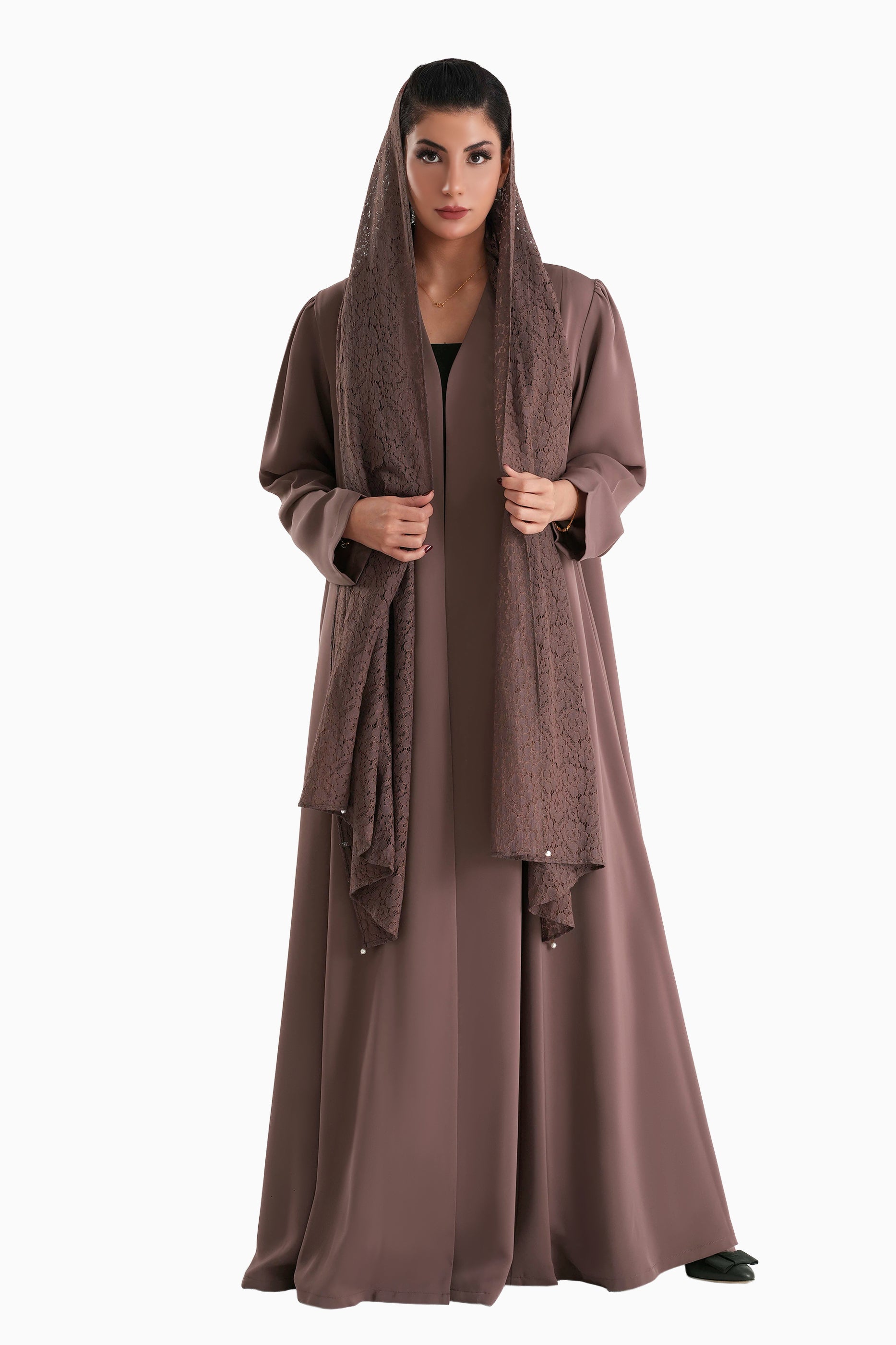 Frenchelle Mocha - Plain Minimalist Abaya with Matching Floral Lace Shella Set