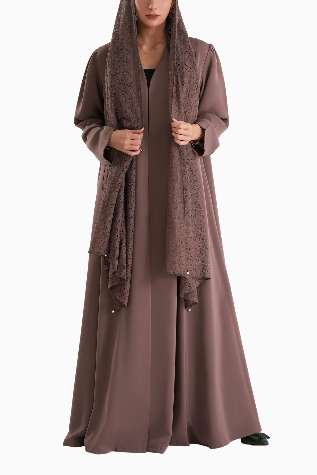 Frenchelle Mocha - Plain Minimalist Abaya with Matching Floral Lace Shella Set