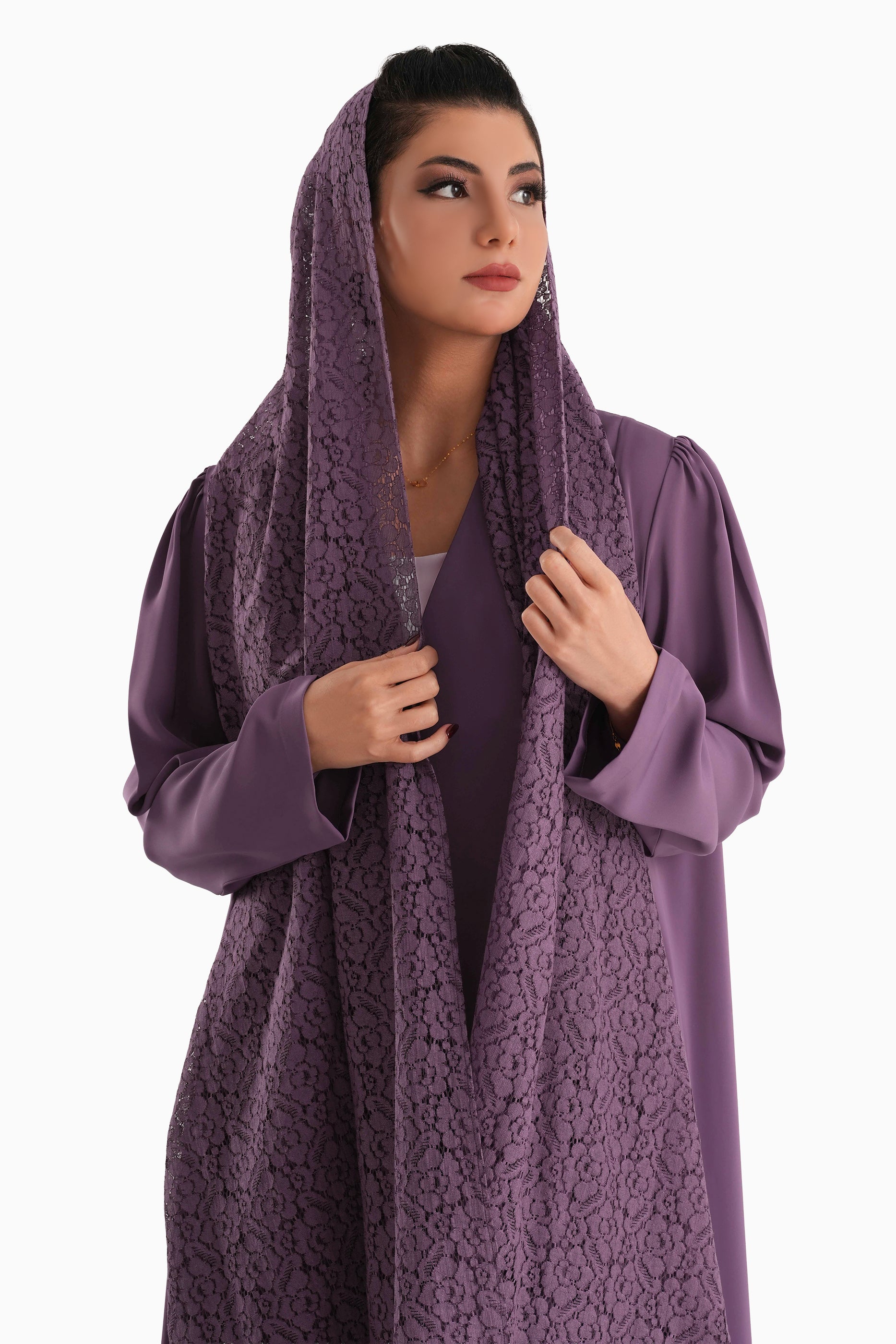 Frenchelle Purple- Plain Minimalist Abaya with Matching Floral Lace Shella Set
