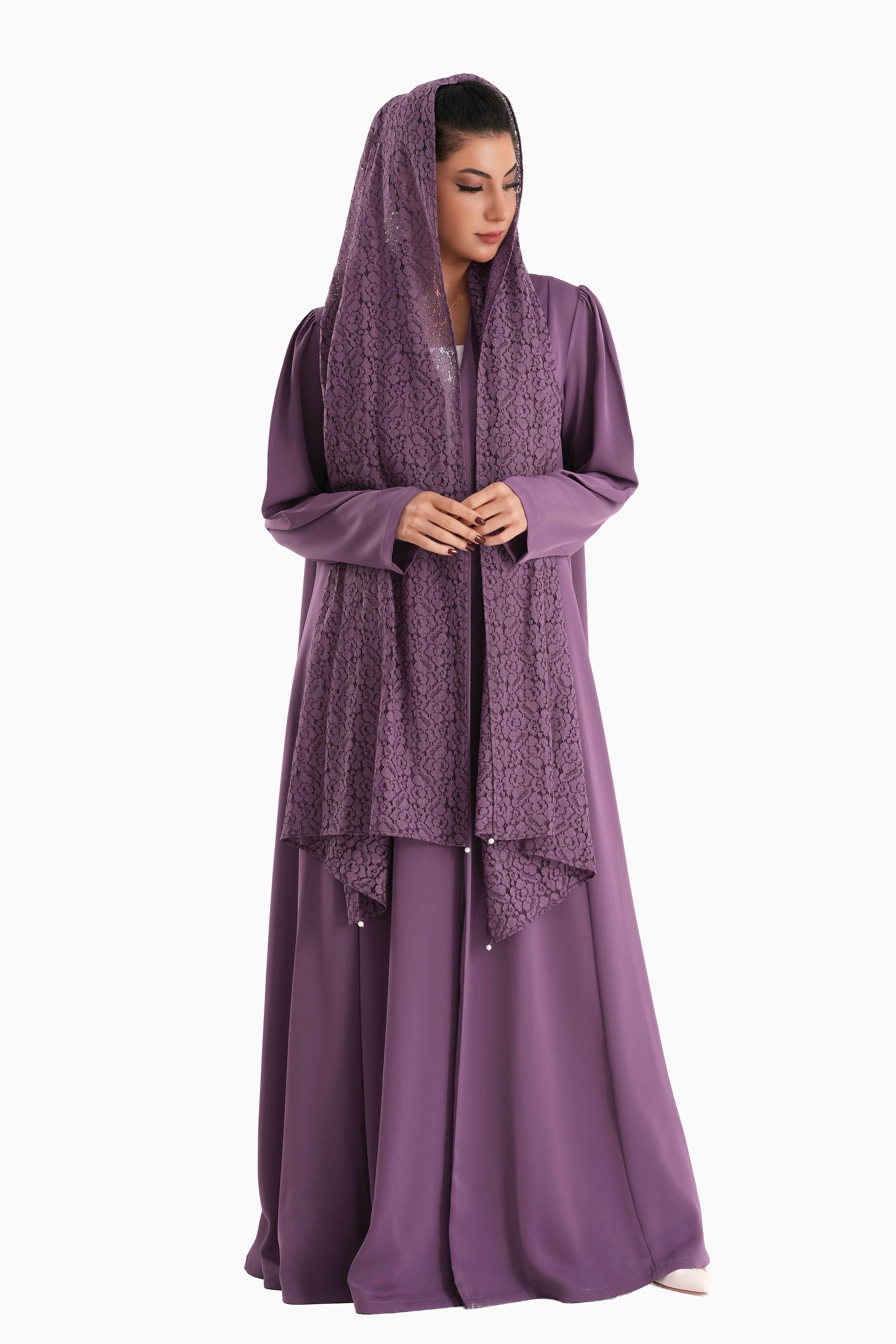 Frenchelle Purple- Plain Minimalist Abaya with Matching Floral Lace Shella Set