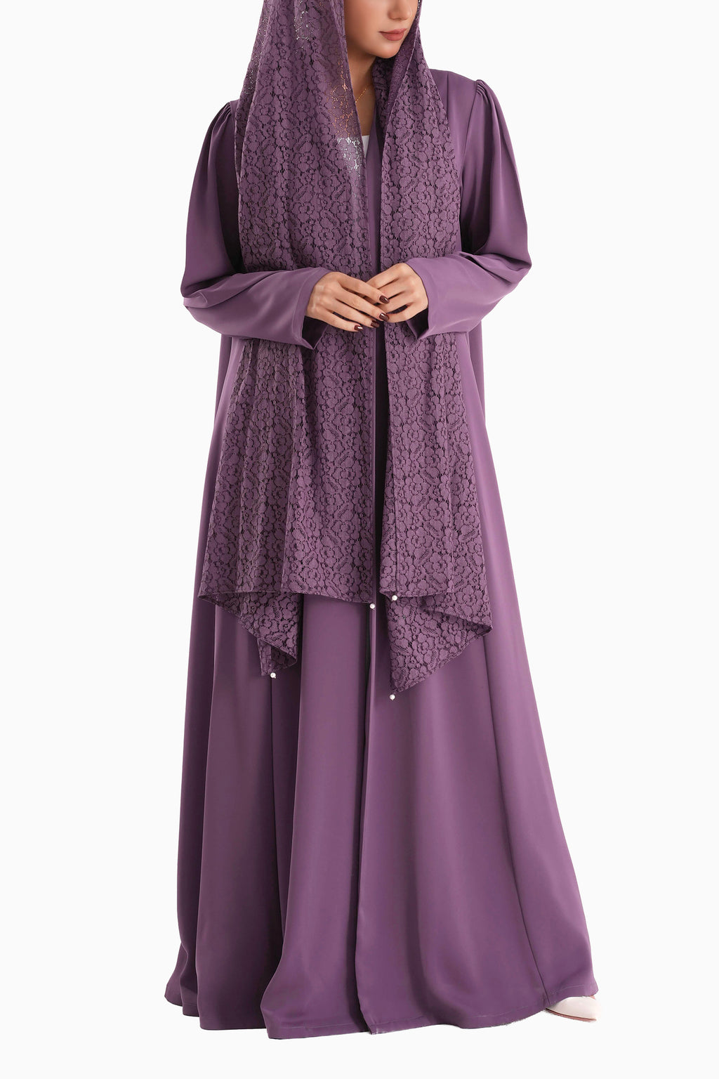 Frenchelle Purple- Plain Minimalist Abaya with Matching Floral Lace Shella Set