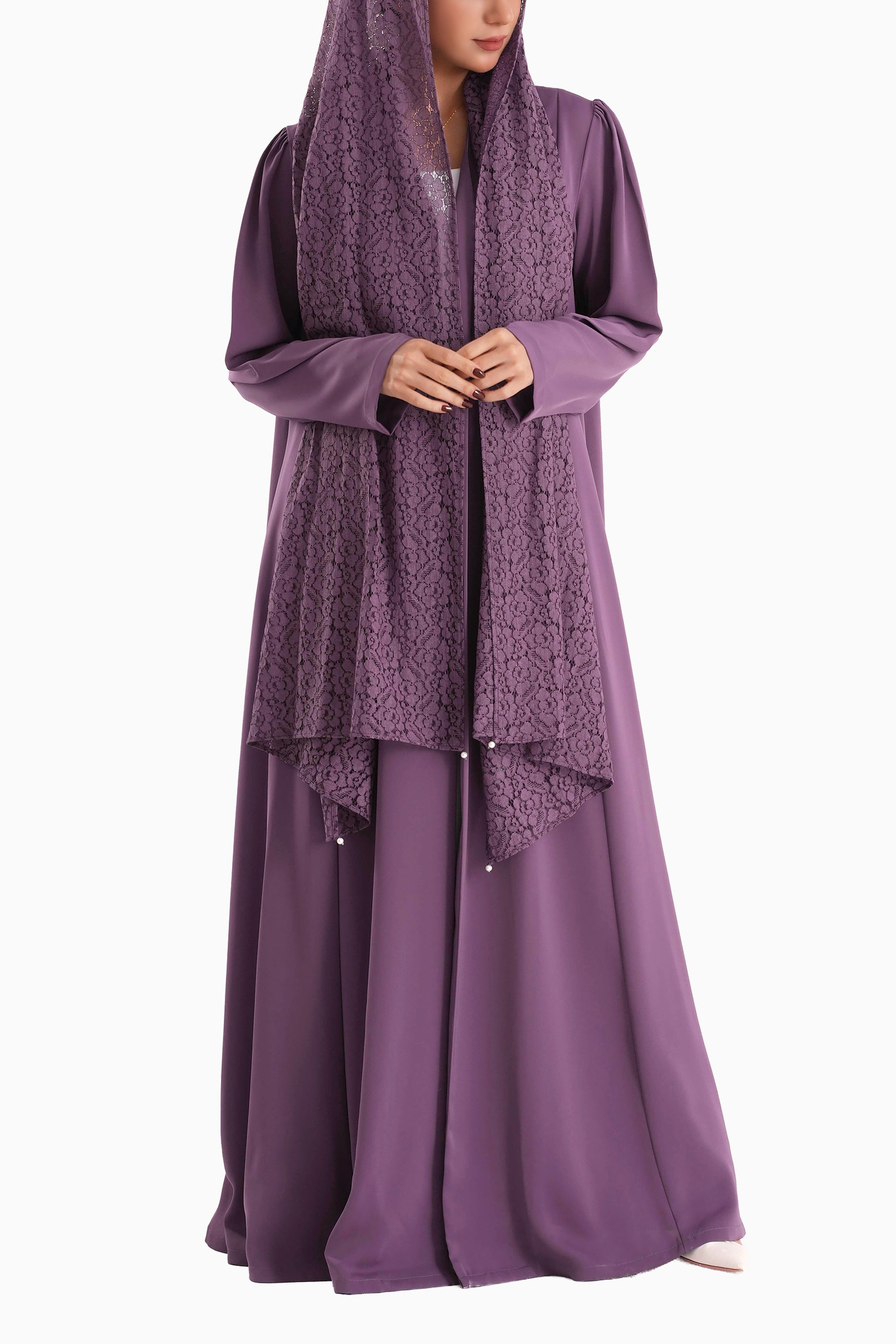 Frenchelle Purple- Plain Minimalist Abaya with Matching Floral Lace Shella Set