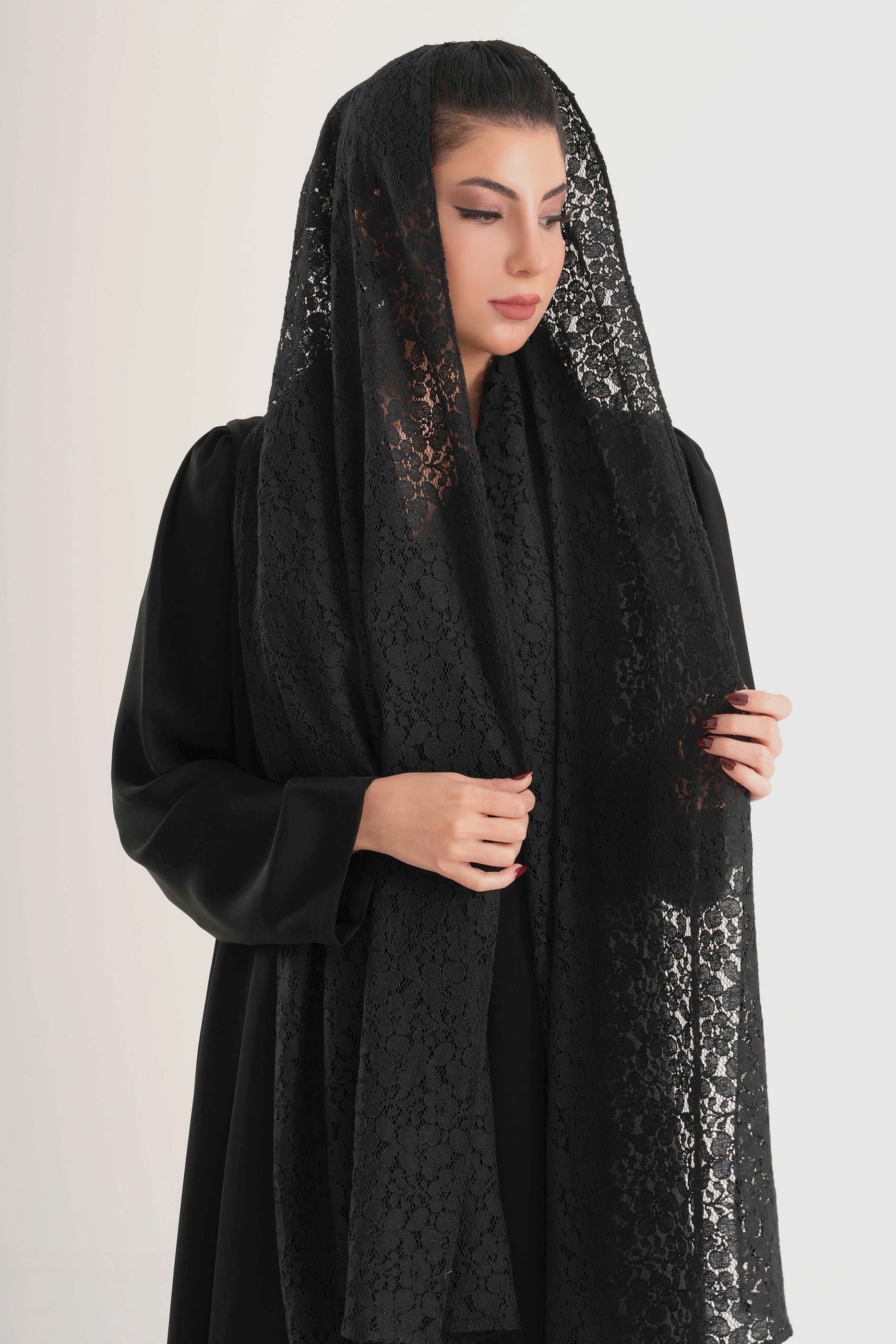 Frenchelle Black - Plain Minimalist Abaya with Matching Floral Lace Shella Set