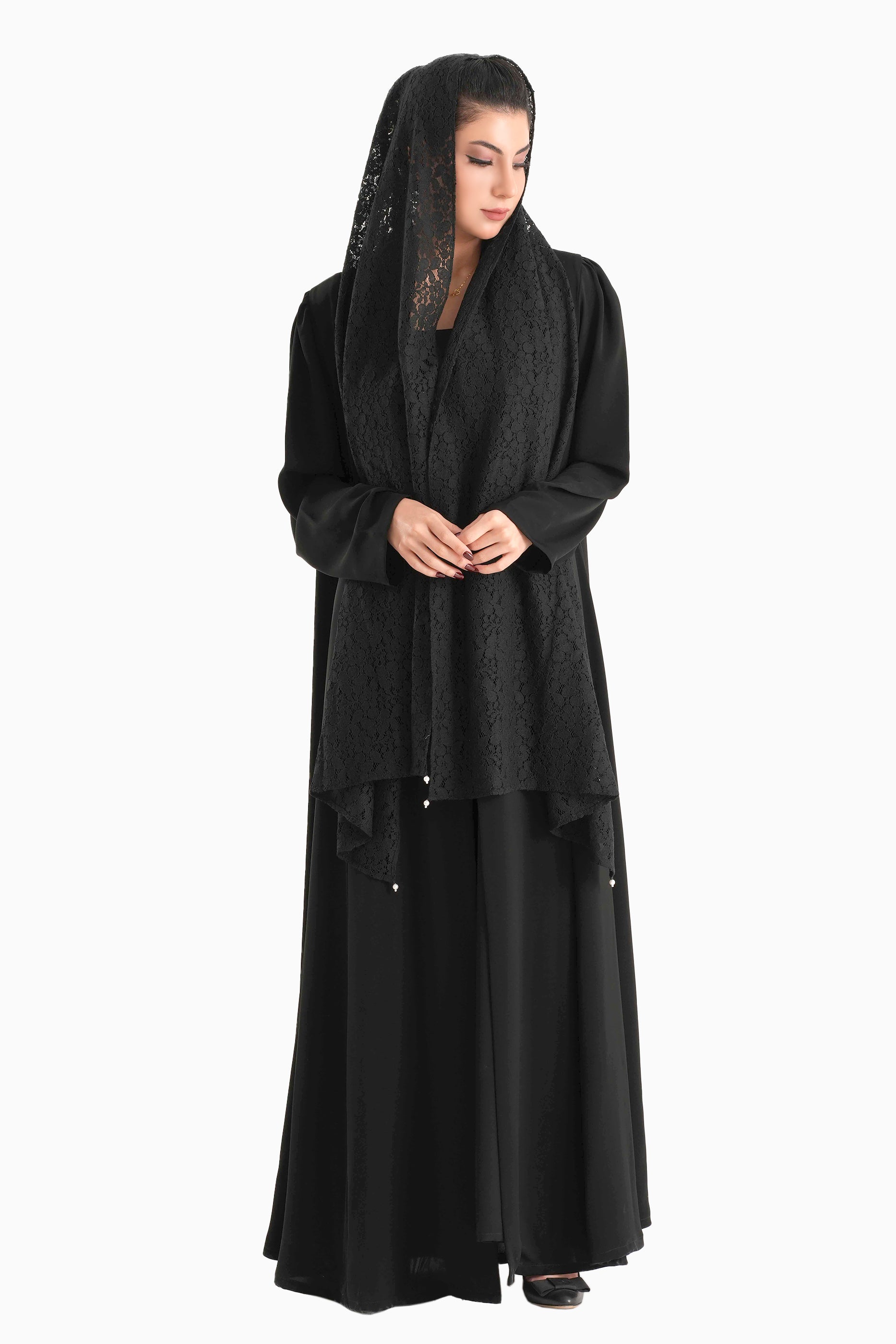 Frenchelle Black - Plain Minimalist Abaya with Matching Floral Lace Shella Set