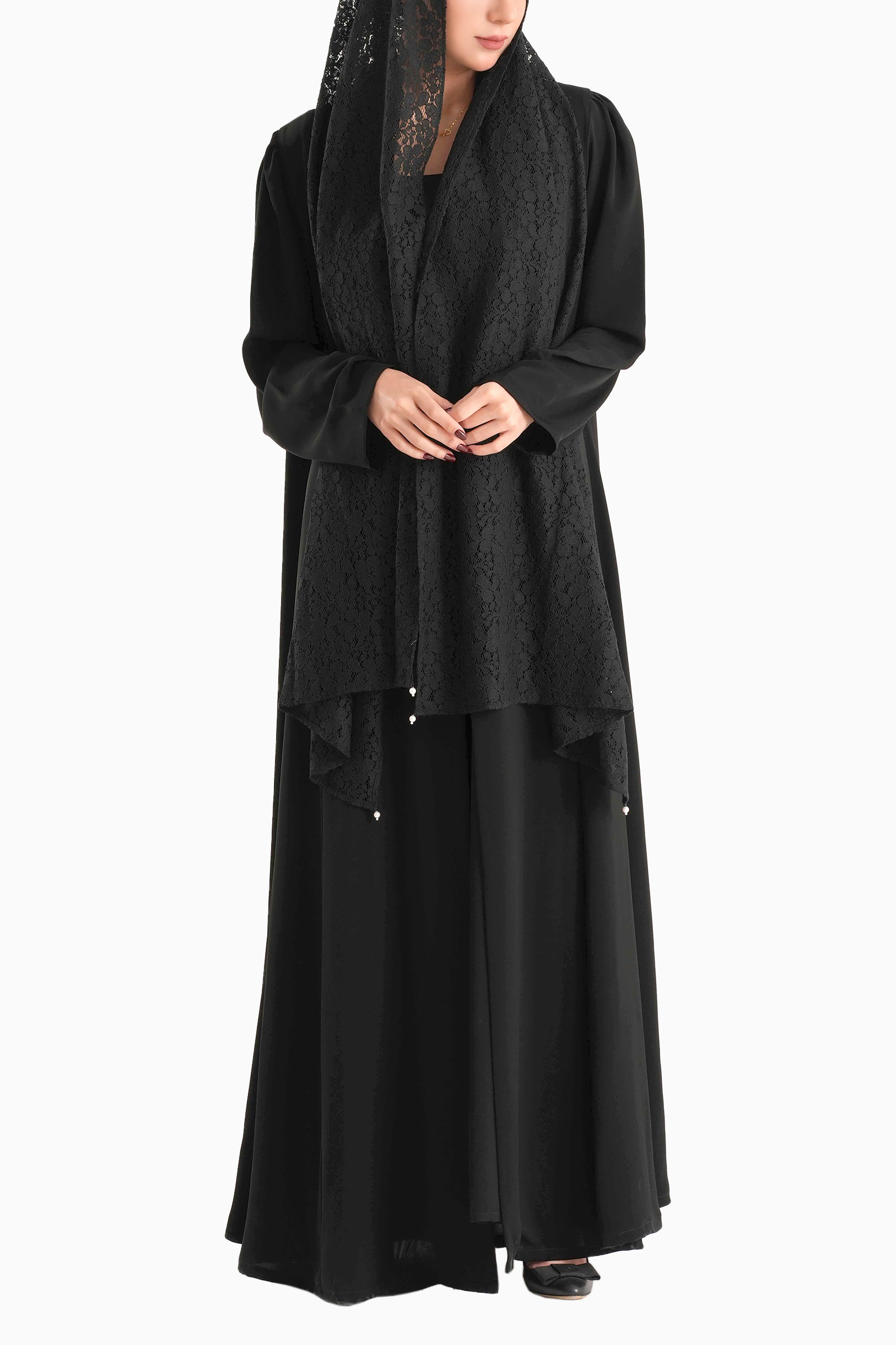 Frenchelle Black - Plain Minimalist Abaya with Matching Floral Lace Shella Set