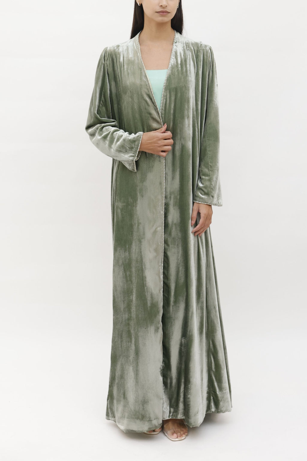 Ruwad Mint Green - Plain Velvet Minimalist Abaya Set