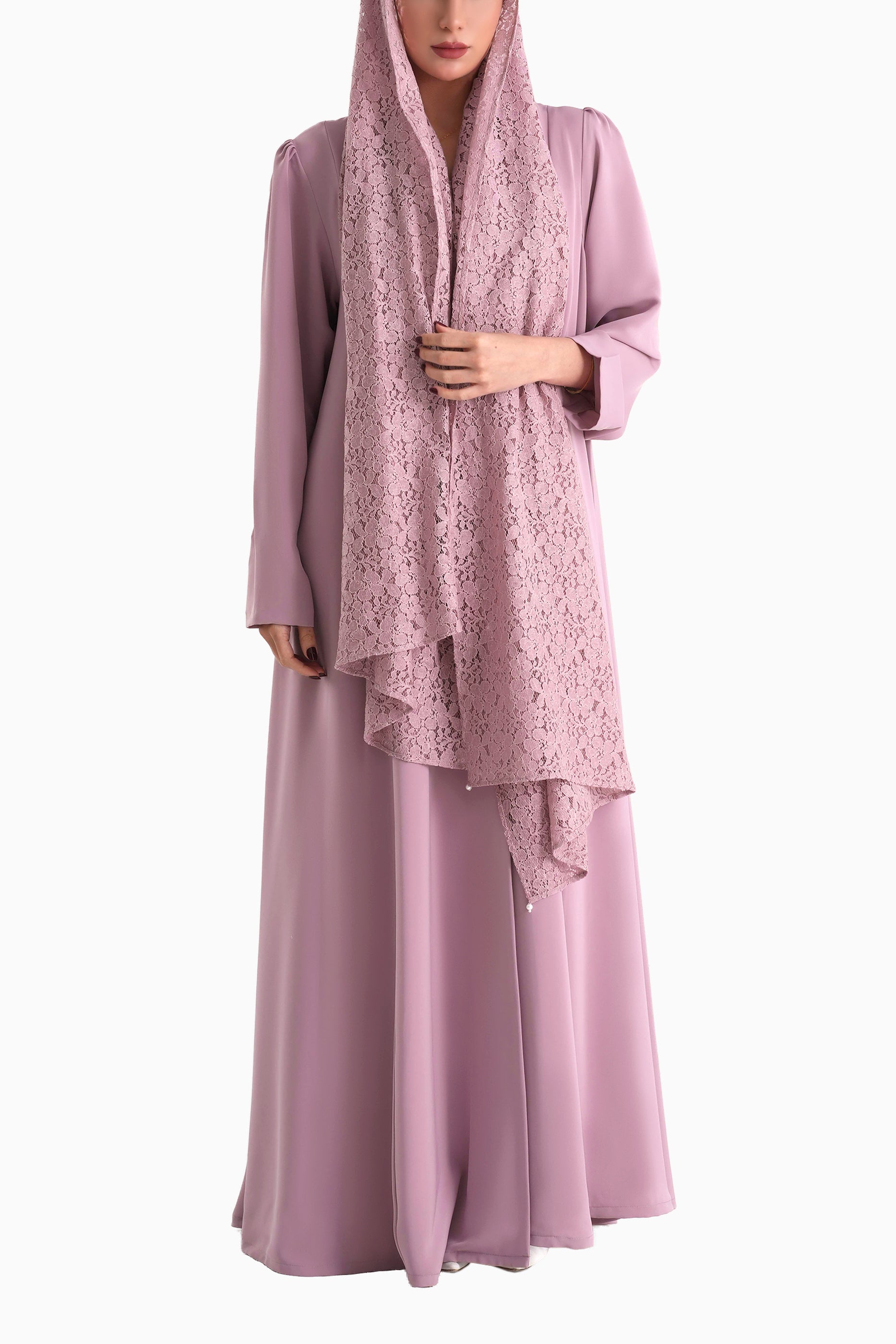 Frenchelle Blush - Plain Minimalist Abaya with Matching Floral Lace Shella Set