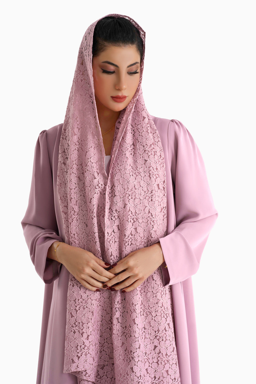 Frenchelle Blush - Plain Minimalist Abaya with Matching Floral Lace Shella Set