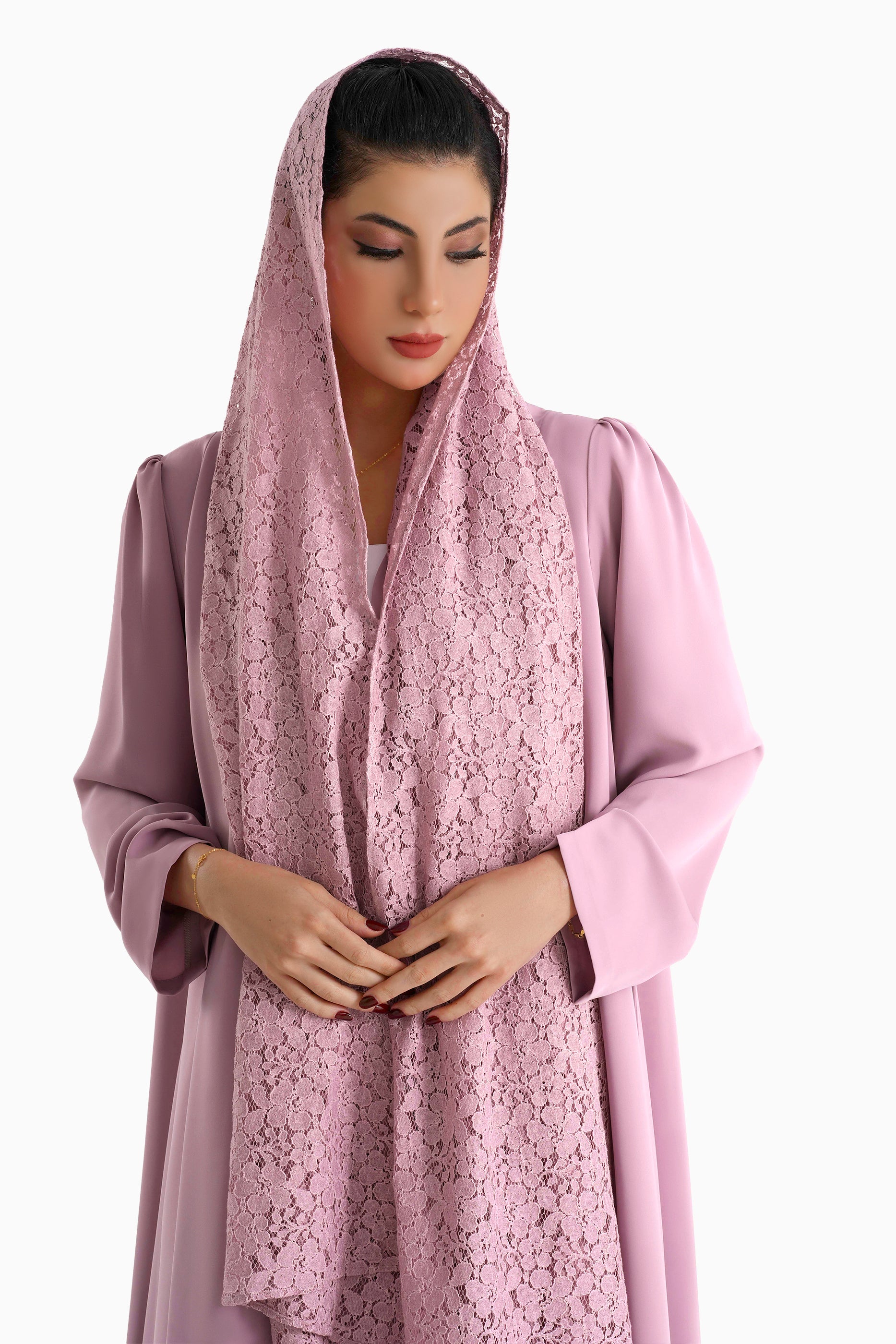 Frenchelle Blush - Plain Minimalist Abaya with Matching Floral Lace Shella Set