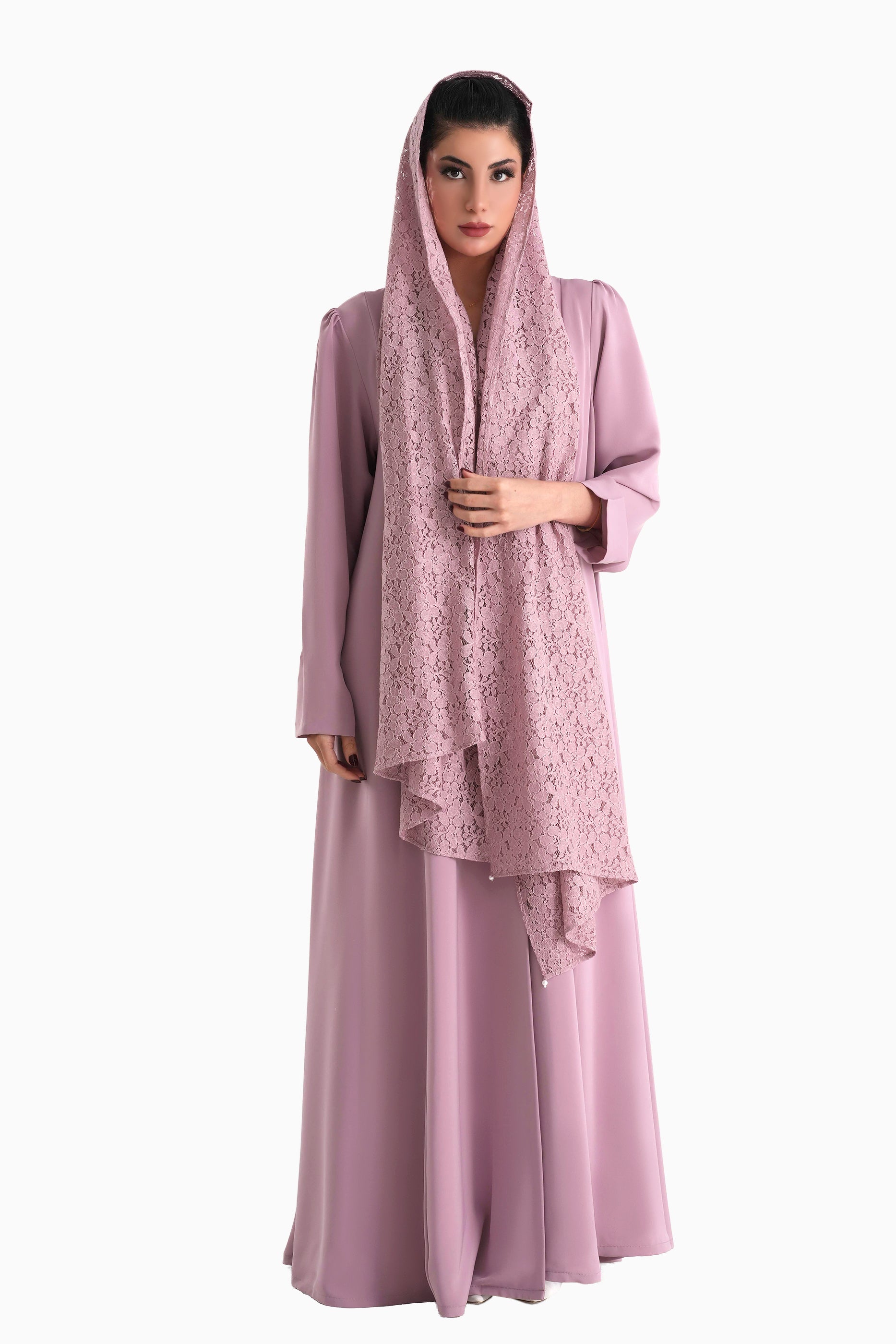 Frenchelle Blush - Plain Minimalist Abaya with Matching Floral Lace Shella Set