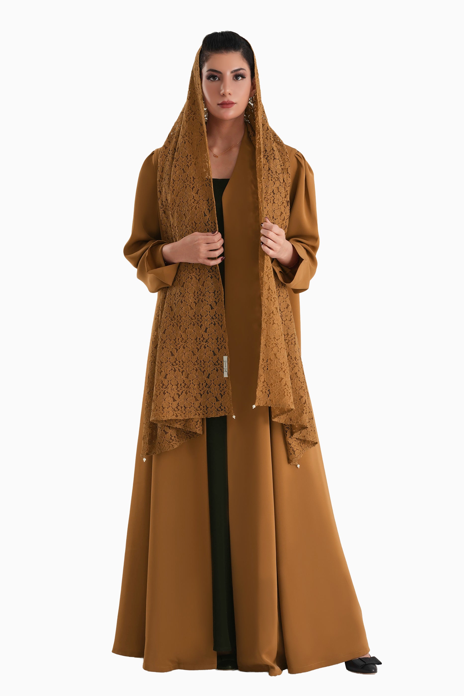 Frenchelle Copper- Plain Minimalist Abaya with Matching Floral Lace Shella Set