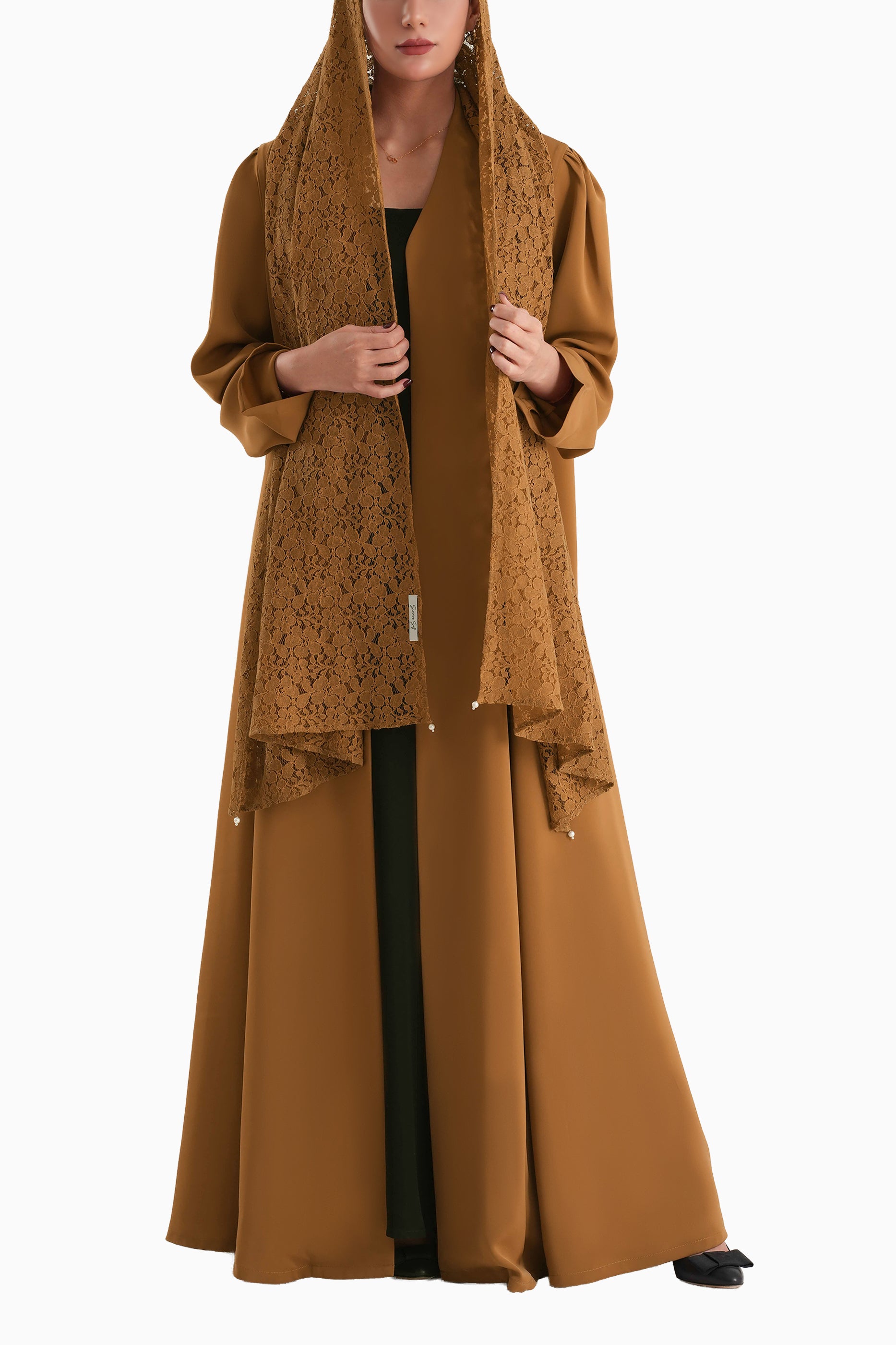 Frenchelle Copper- Plain Minimalist Abaya with Matching Floral Lace Shella Set