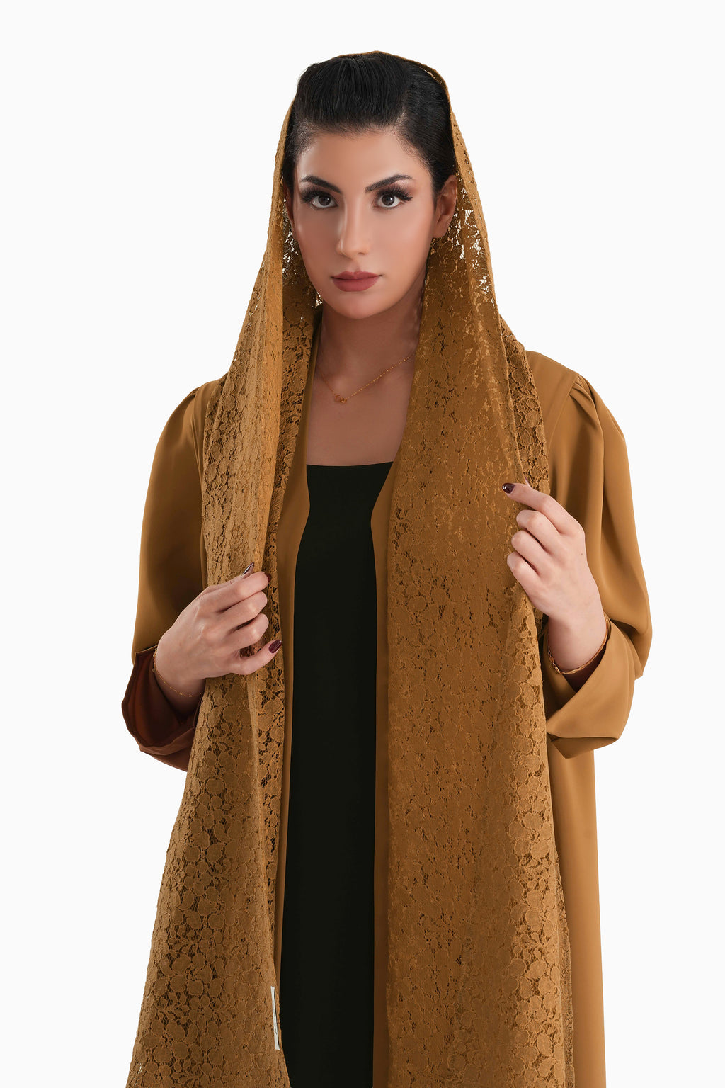 Frenchelle Copper- Plain Minimalist Abaya with Matching Floral Lace Shella Set