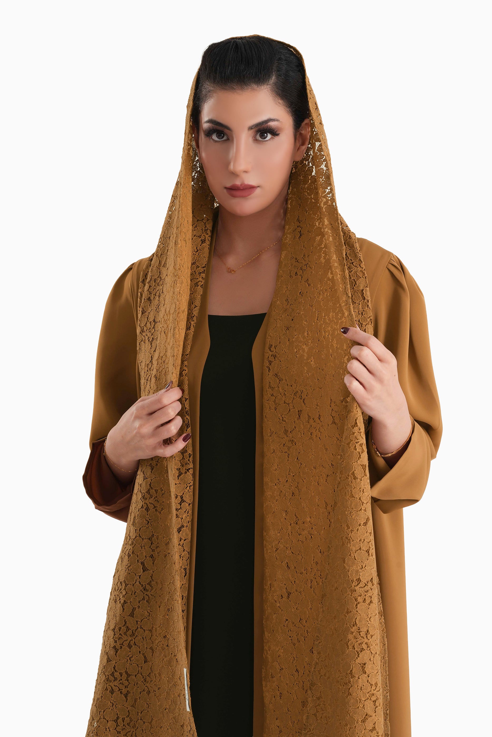 Frenchelle Copper- Plain Minimalist Abaya with Matching Floral Lace Shella Set