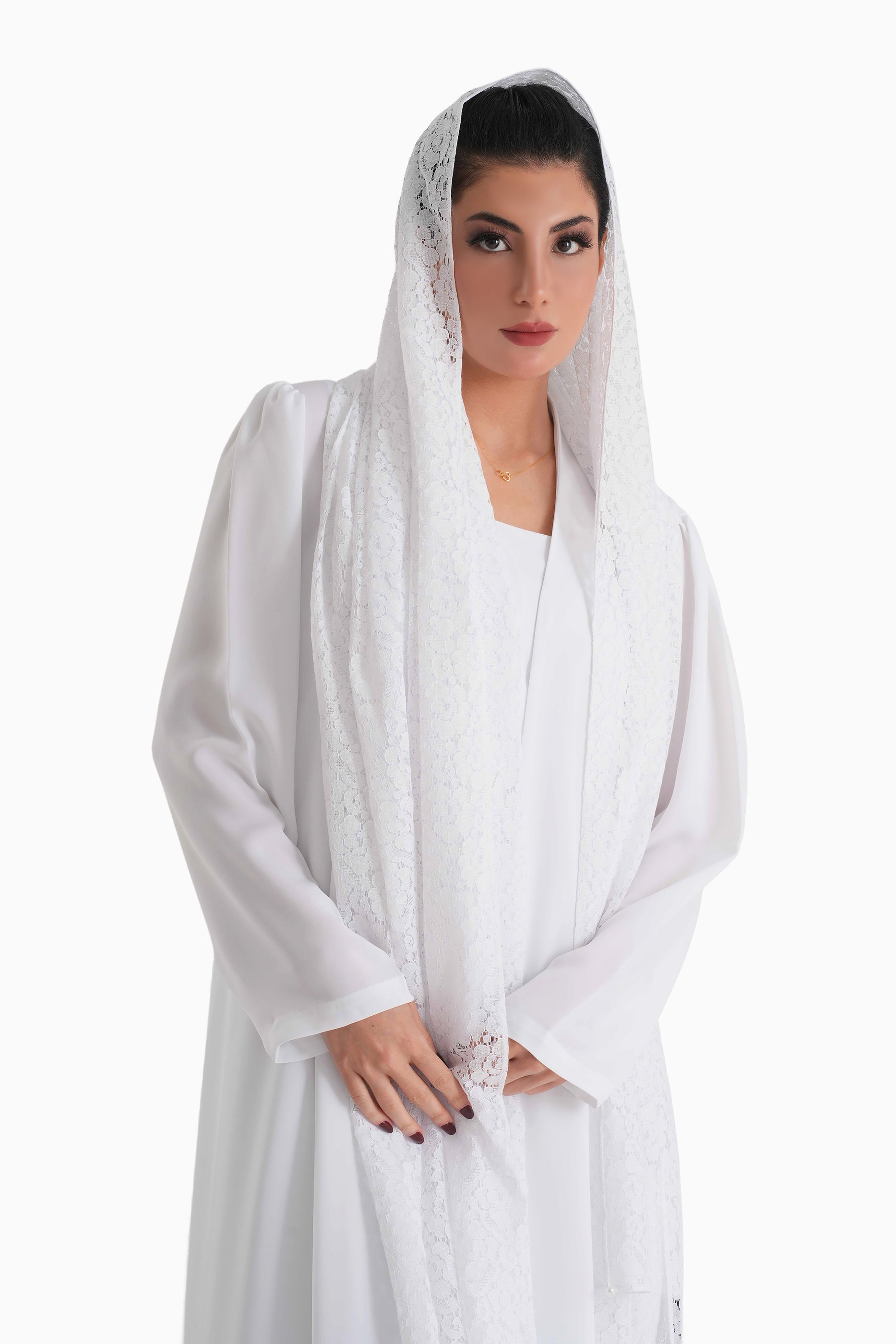 Frenchelle White- Plain Minimalist Abaya with Matching Floral Lace Shella Set