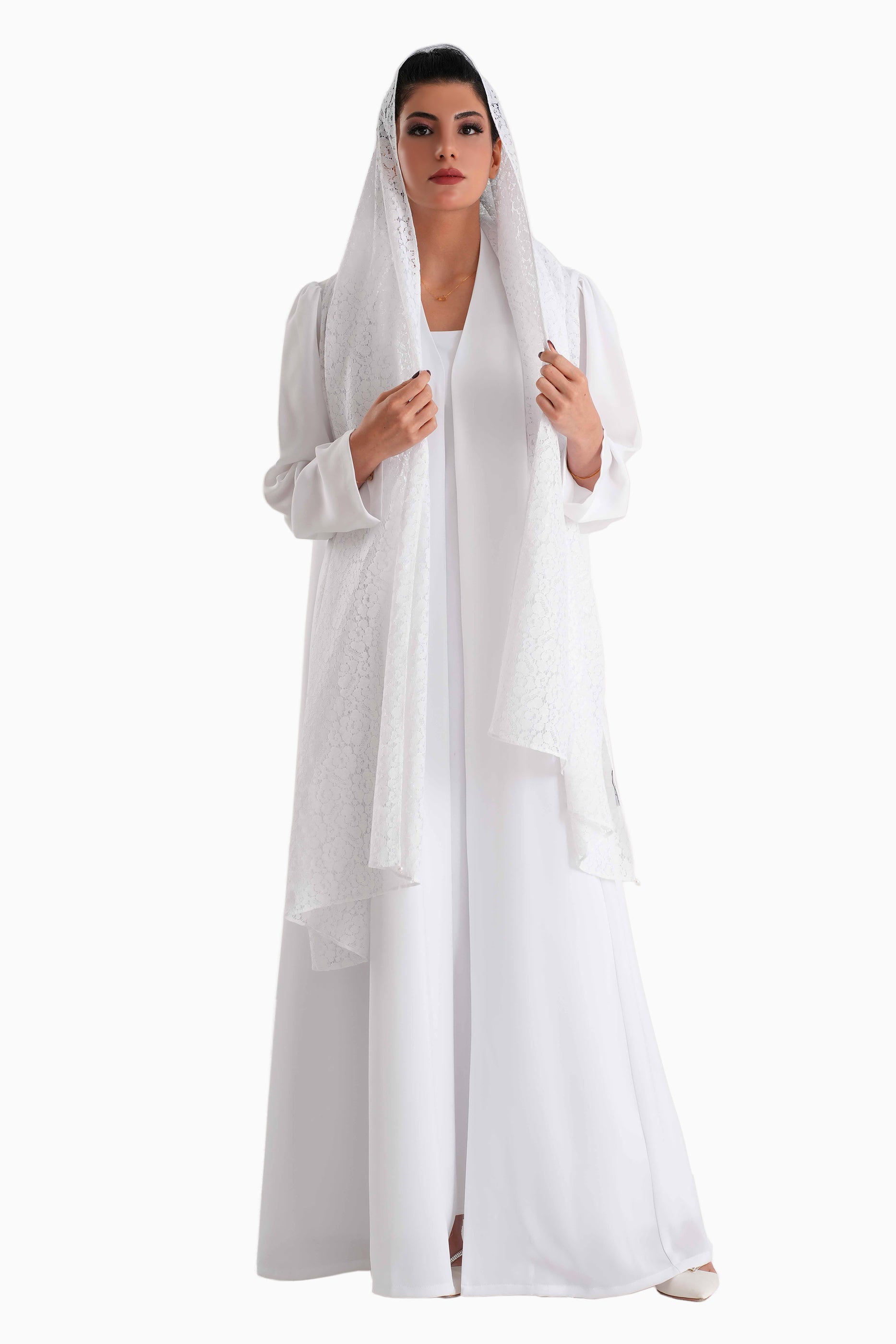 Frenchelle White- Plain Minimalist Abaya with Matching Floral Lace Shella Set