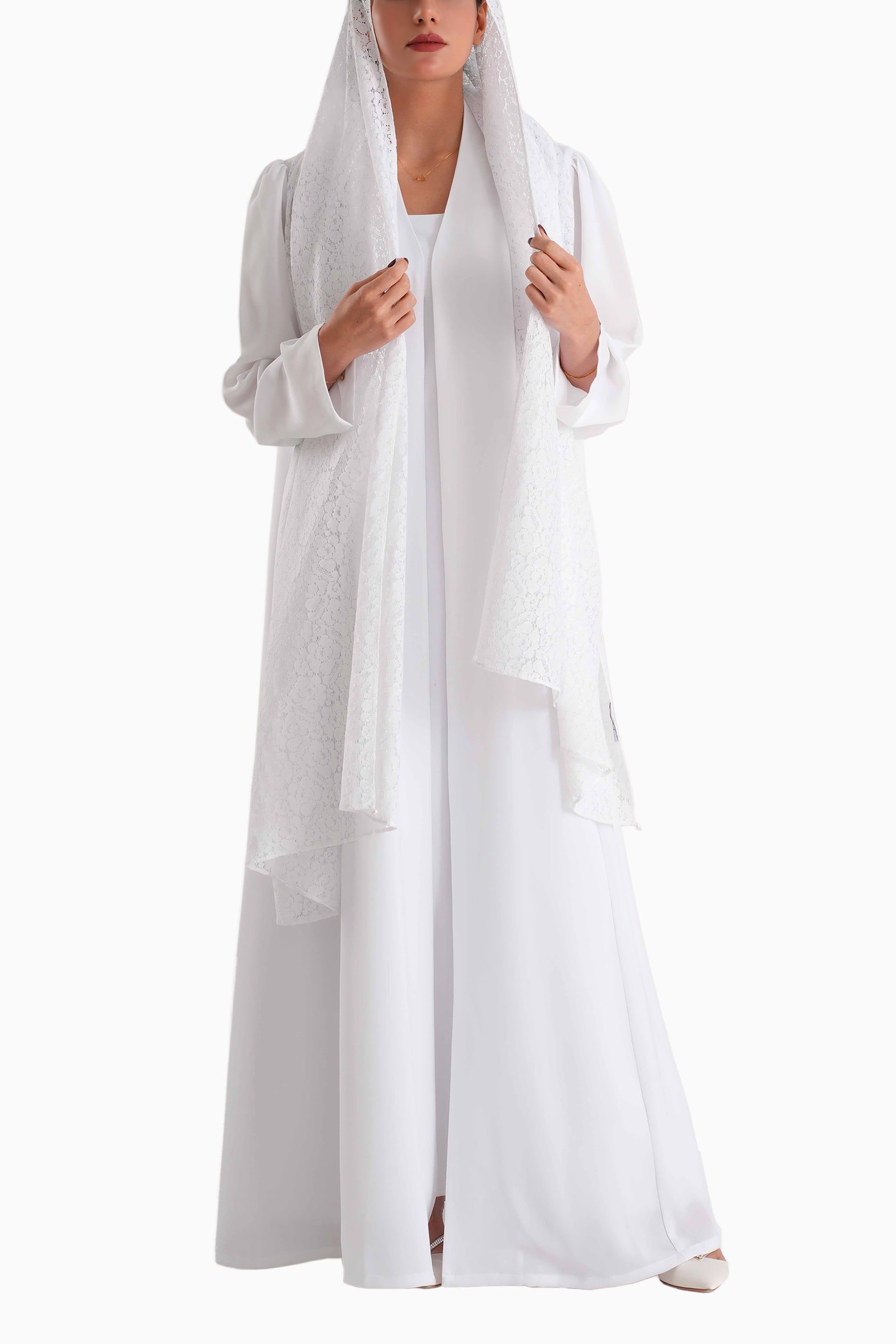 Frenchelle White- Plain Minimalist Abaya with Matching Floral Lace Shella Set