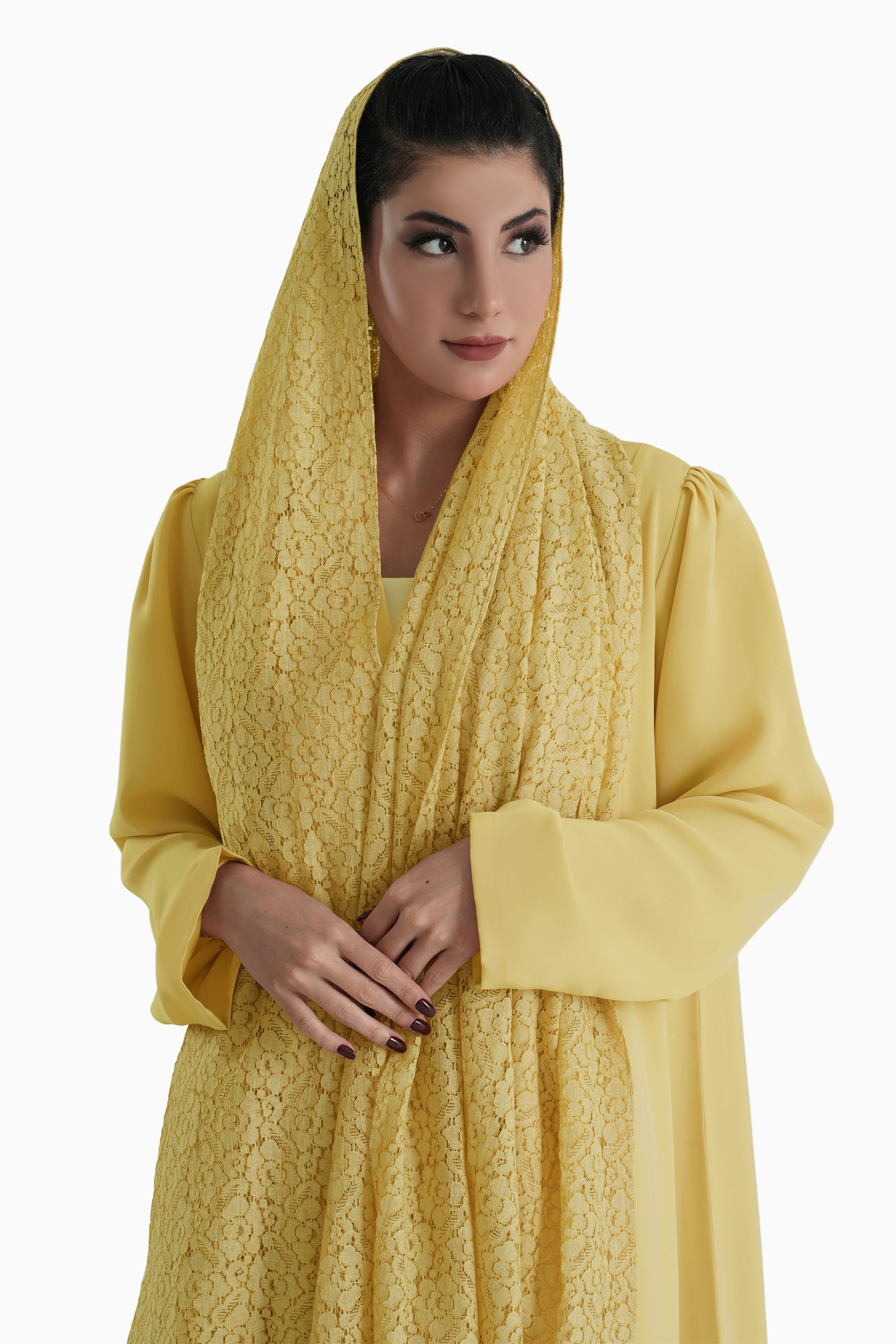 Frenchelle Sun - Plain Minimalist Abaya with Matching Floral Lace Shella Set
