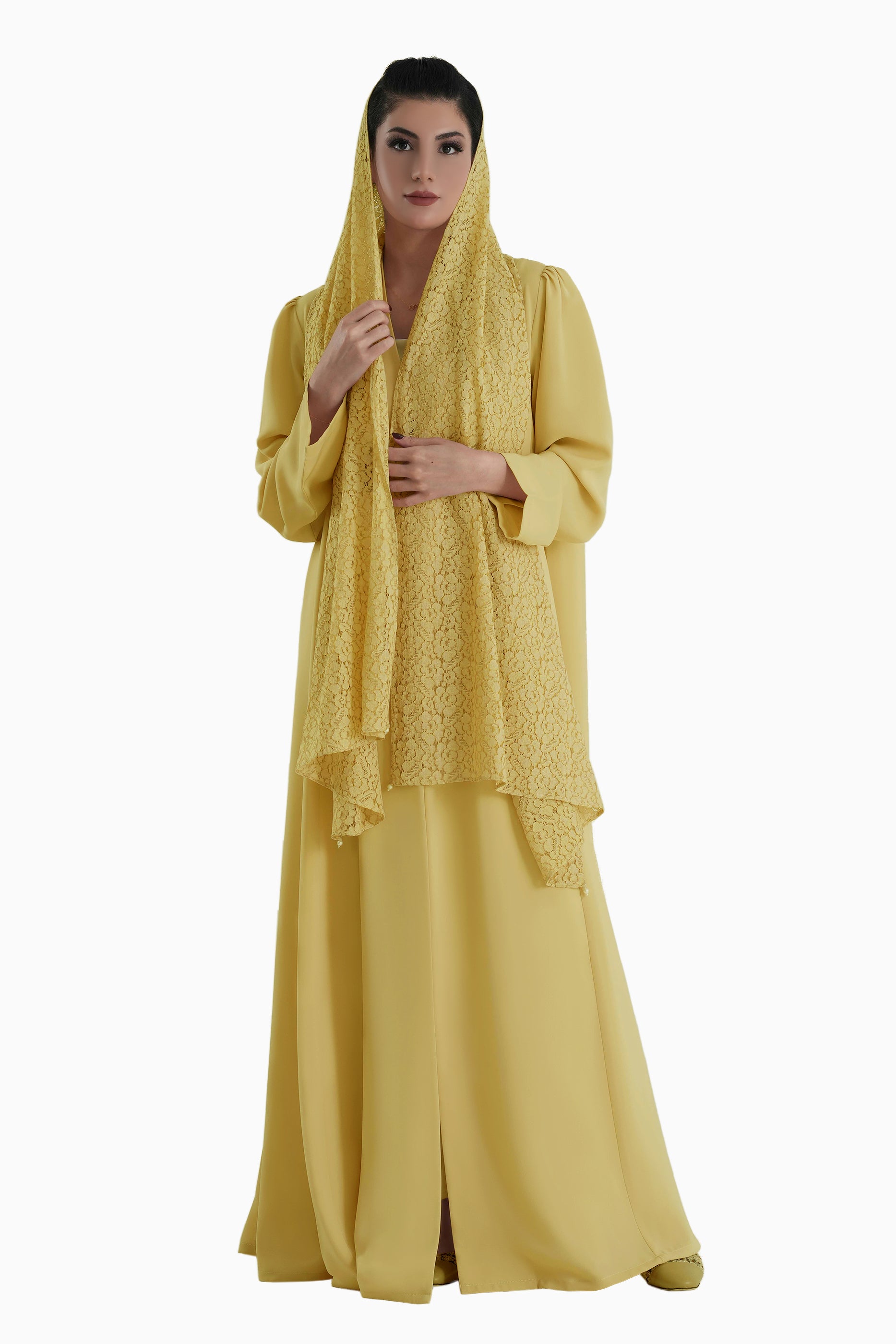 Frenchelle Sun - Plain Minimalist Abaya with Matching Floral Lace Shella Set