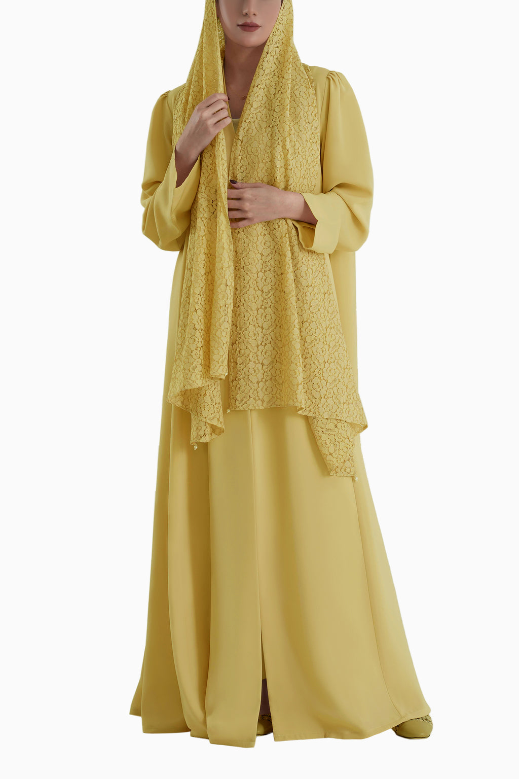 Frenchelle Sun - Plain Minimalist Abaya with Matching Floral Lace Shella Set