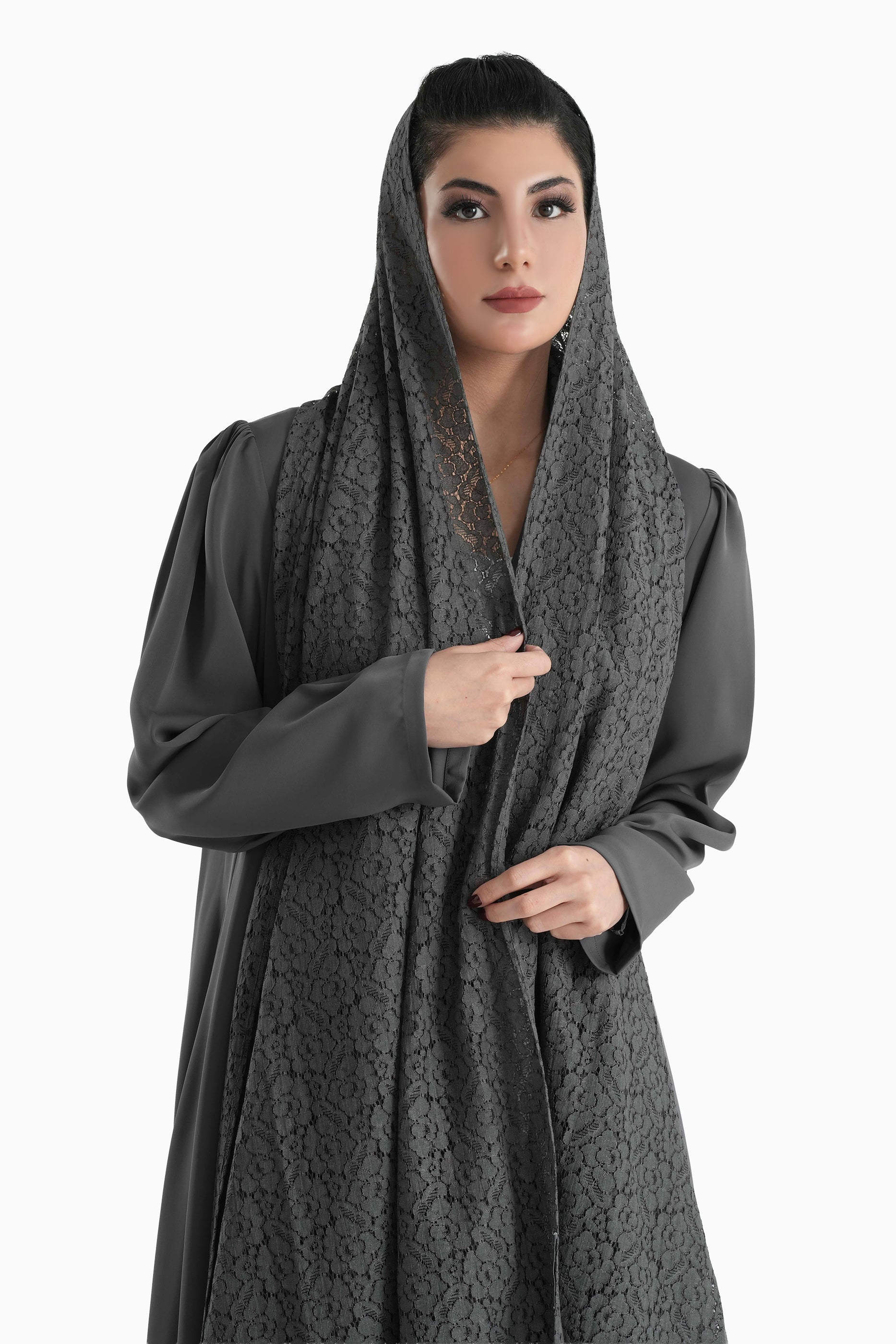 Frenchelle Dark Ash - Plain Minimalist Abaya with Matching Floral Lace Shella Set