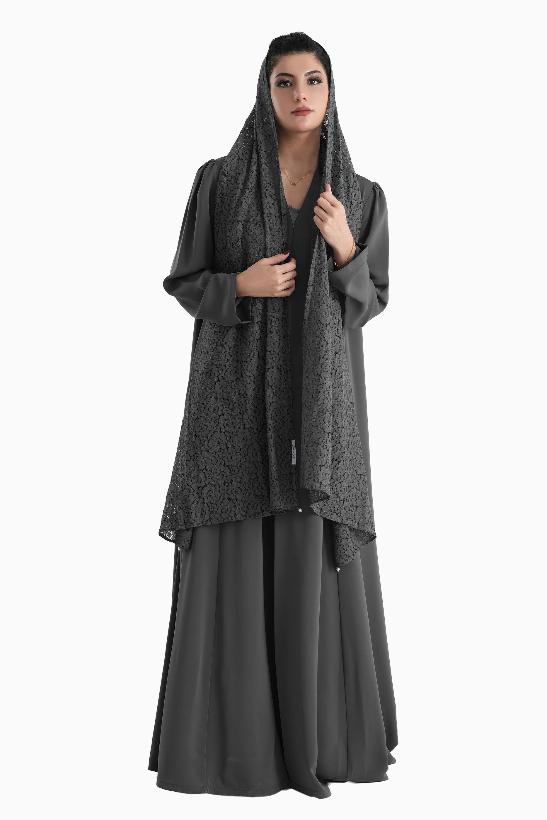 Frenchelle Dark Ash - Plain Minimalist Abaya with Matching Floral Lace Shella Set