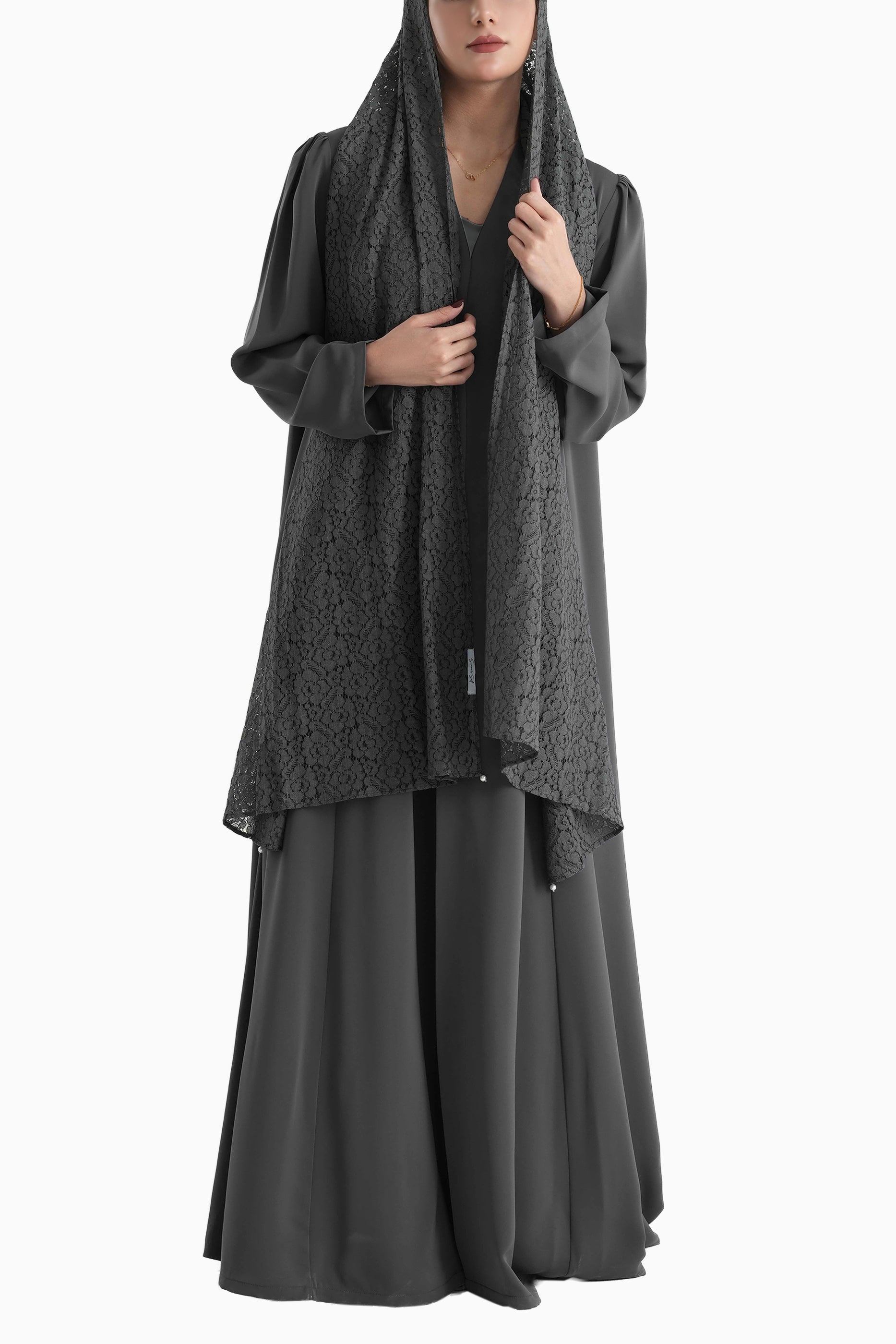 Frenchelle Dark Ash - Plain Minimalist Abaya with Matching Floral Lace Shella Set