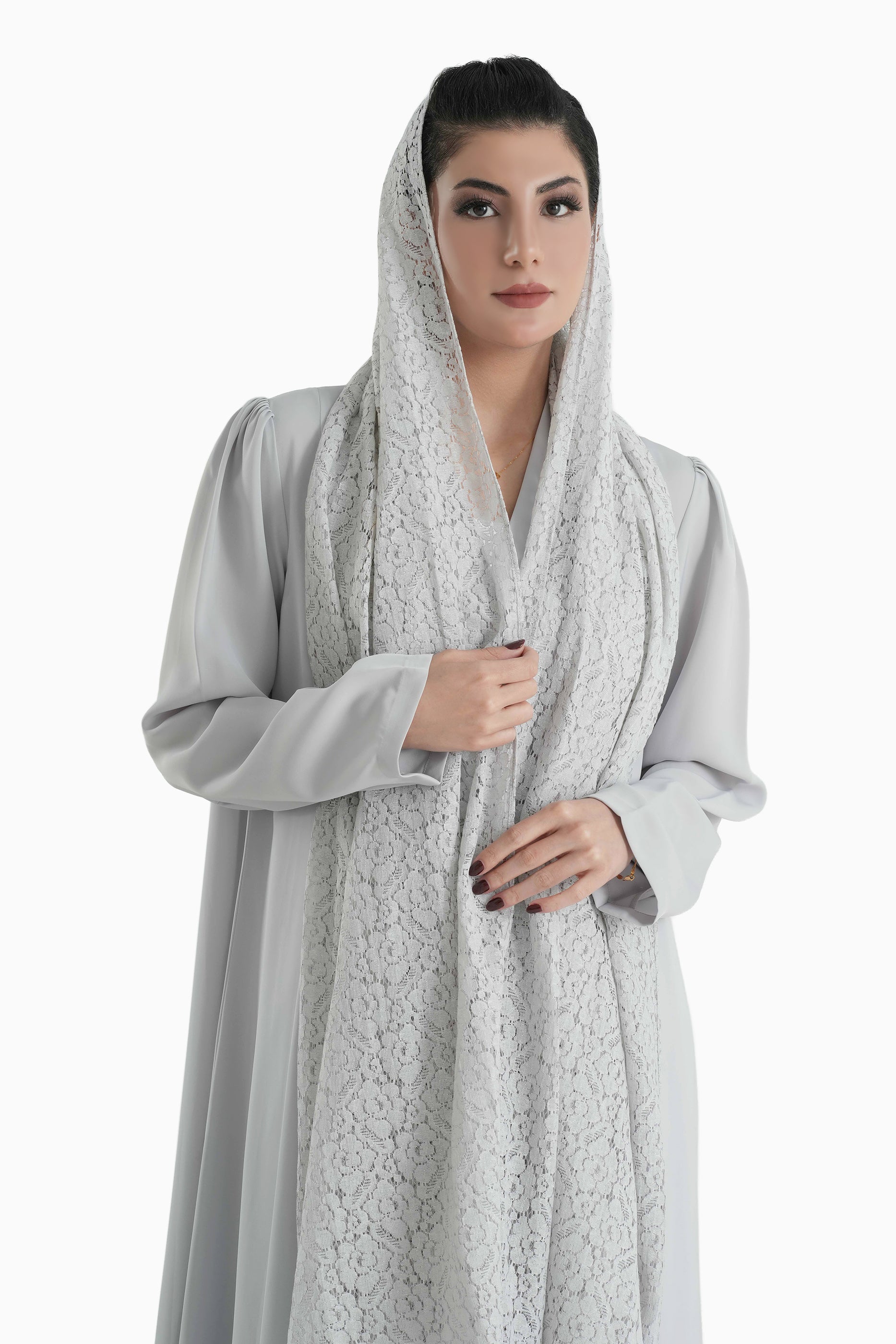 Frenchelle Light Grey- Plain Minimalist Abaya with Matching Floral Lace Shella Set