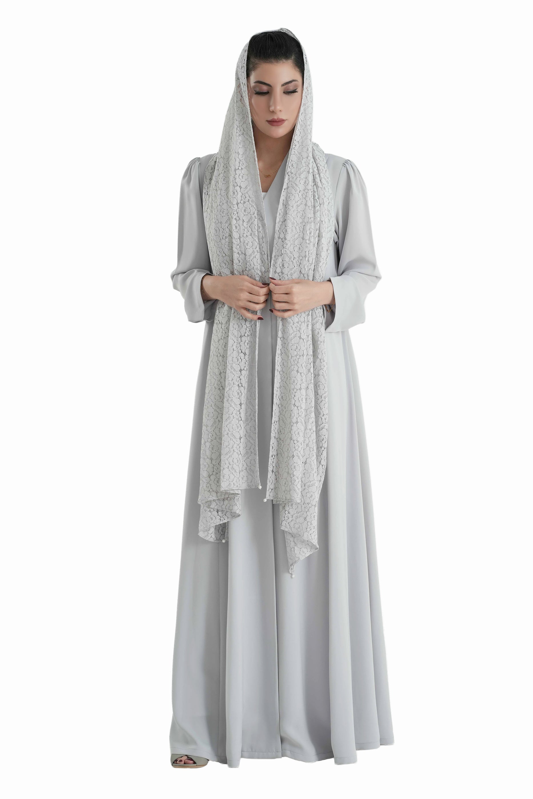 Frenchelle Light Grey- Plain Minimalist Abaya with Matching Floral Lace Shella Set