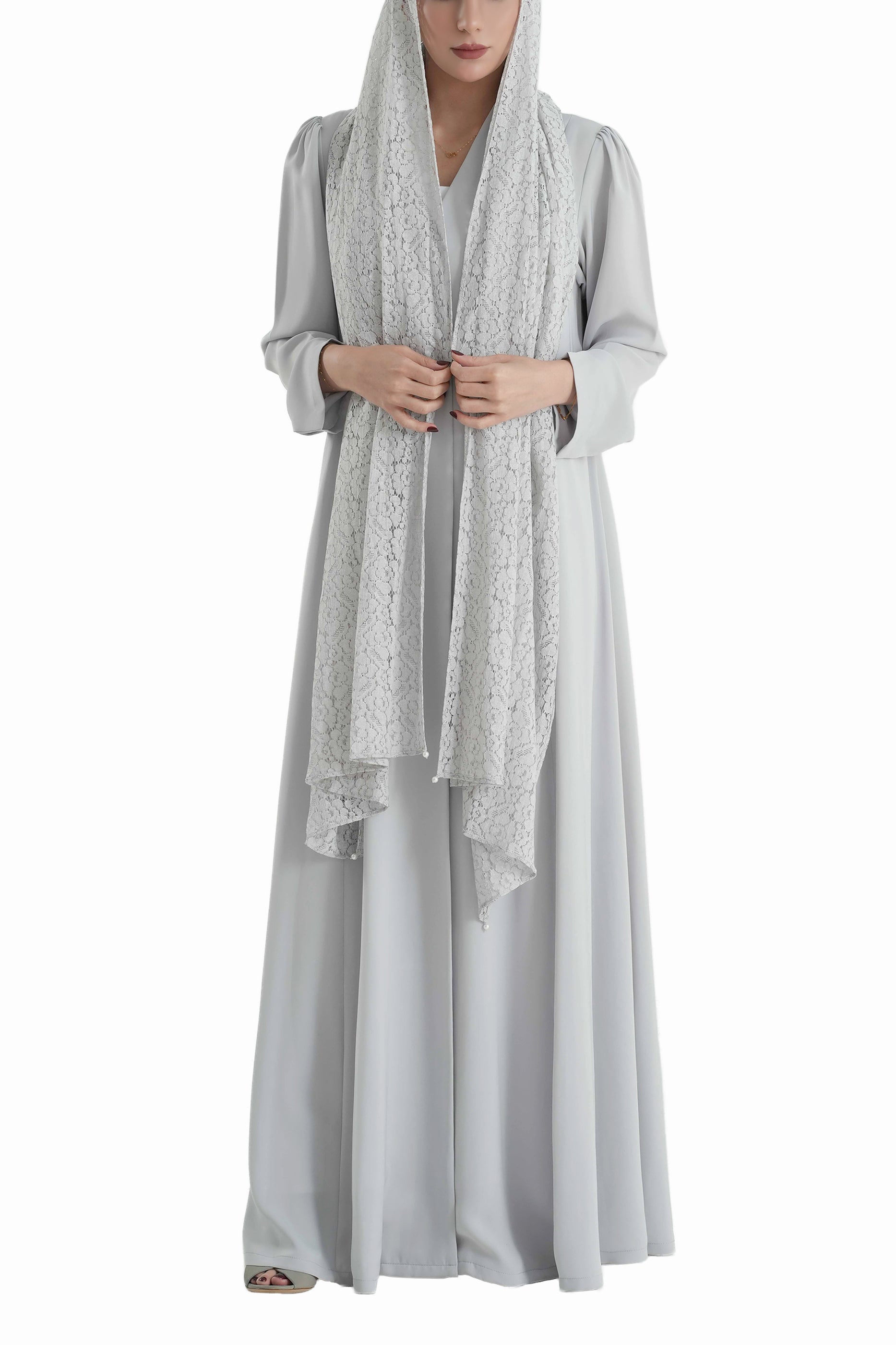 Frenchelle Light Grey- Plain Minimalist Abaya with Matching Floral Lace Shella Set