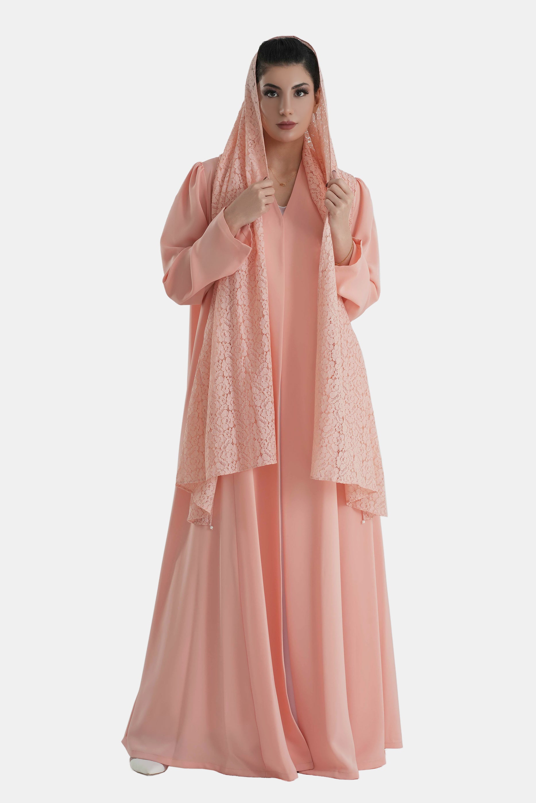Frenchelle Pastel Peach- Plain Minimalist Abaya with Matching Floral Lace Shella Set