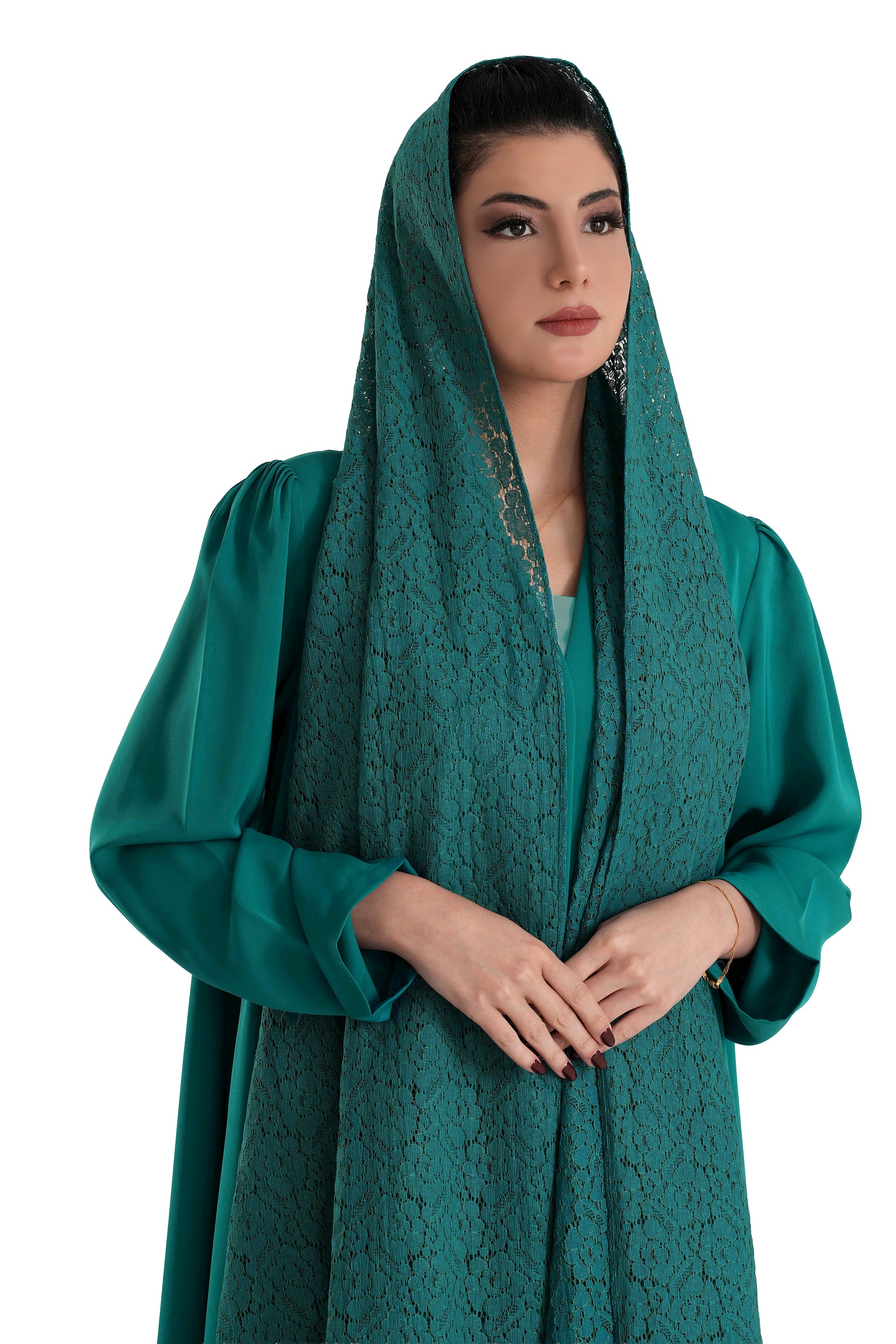 Frenchelle Dark Teal - Plain Minimalist Abaya with Matching Floral Lace Shella Set