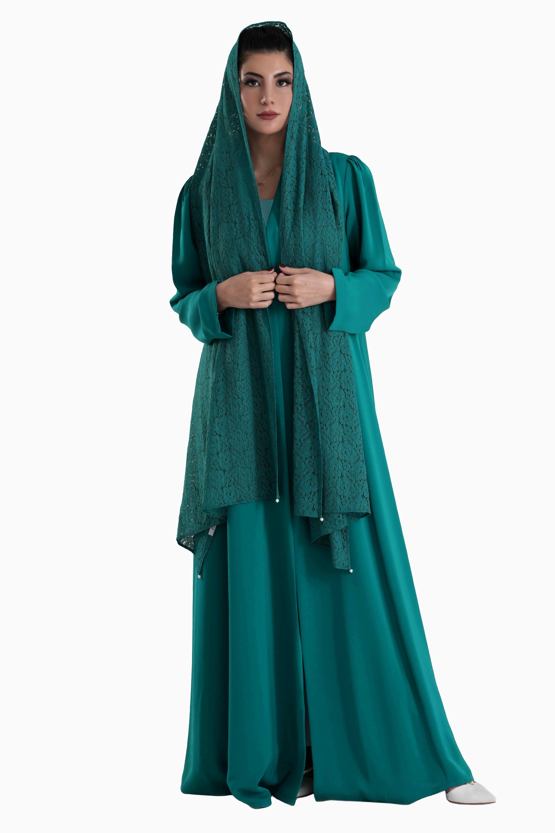 Frenchelle Dark Teal - Plain Minimalist Abaya with Matching Floral Lace Shella Set