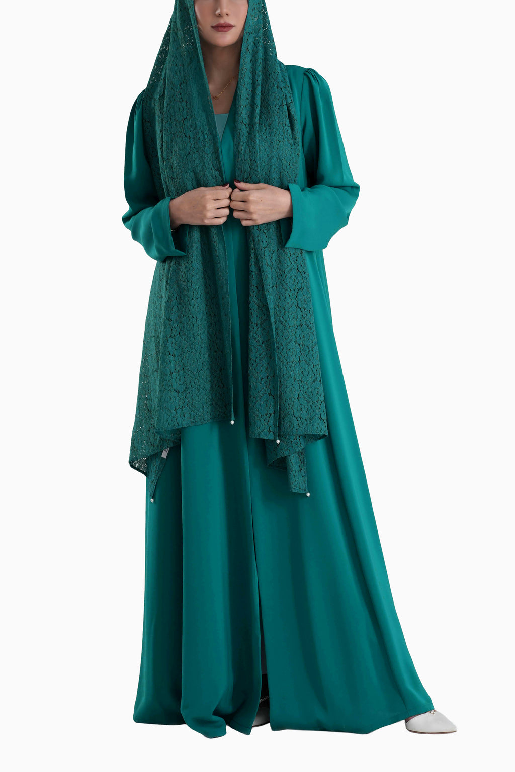 Frenchelle Dark Teal - Plain Minimalist Abaya with Matching Floral Lace Shella Set