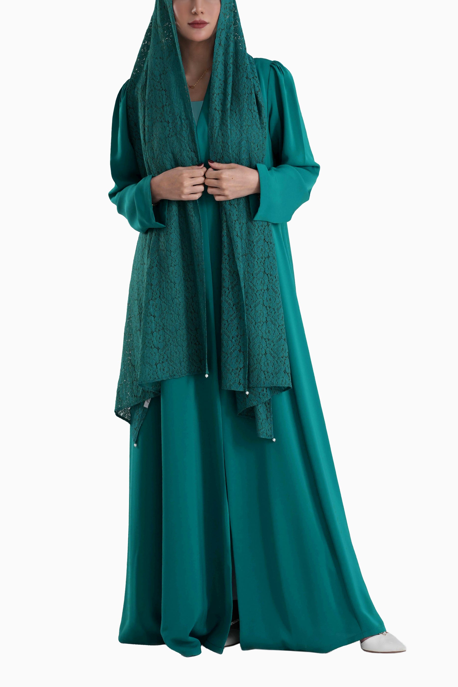 Frenchelle Dark Teal - Plain Minimalist Abaya with Matching Floral Lace Shella Set