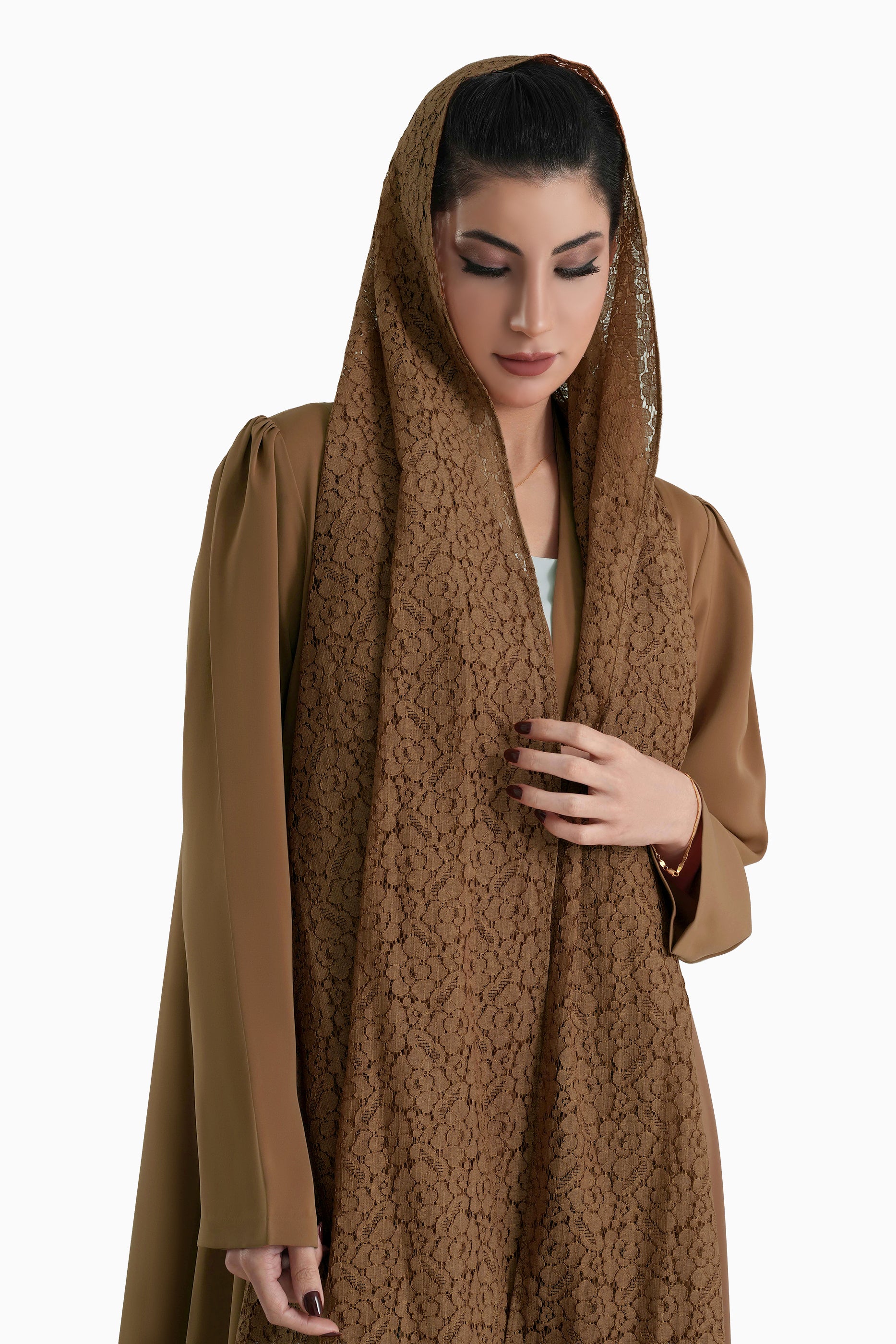 Frenchelle Brown- Plain Minimalist Abaya with Matching Floral Lace Shella Set