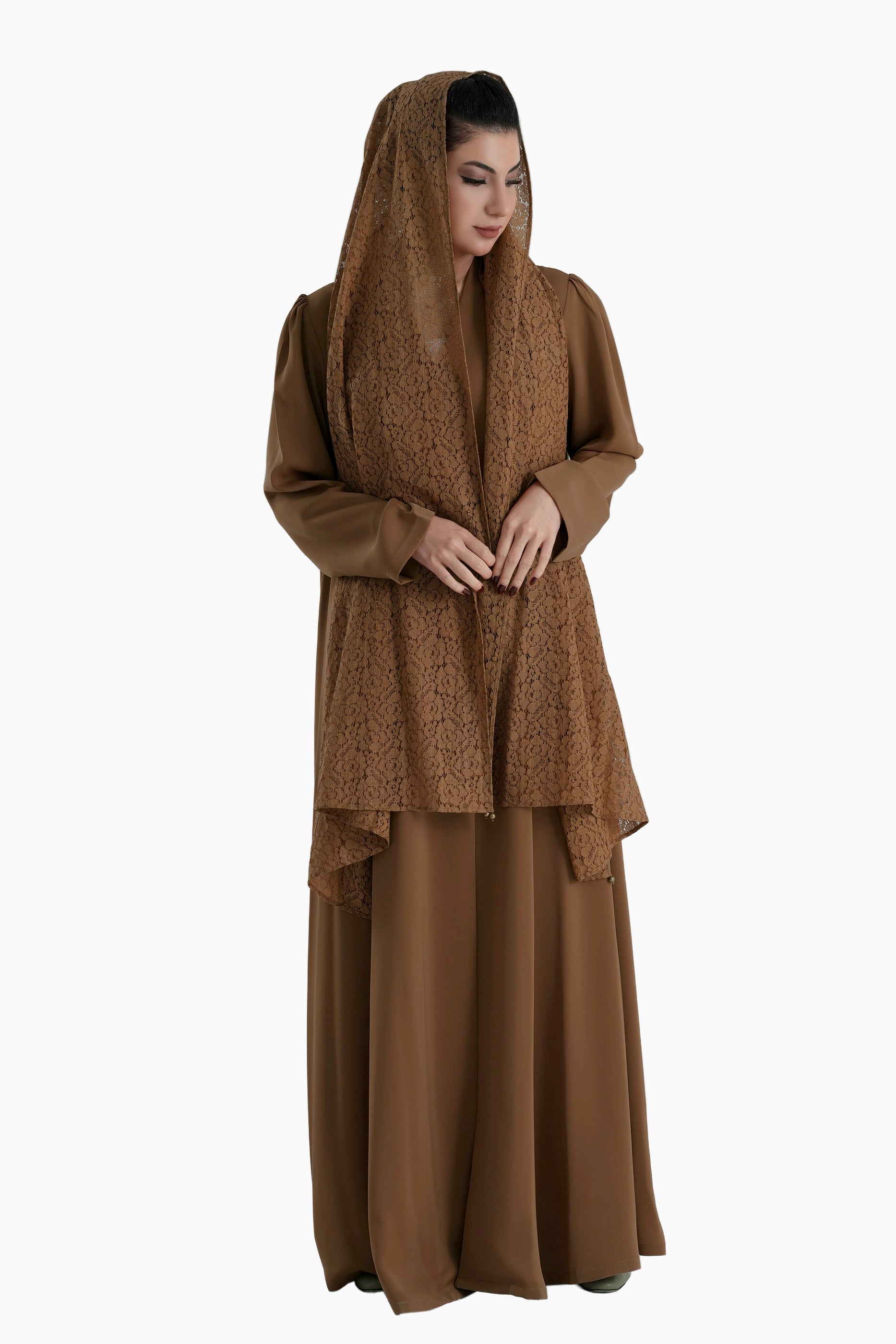 Frenchelle Brown- Plain Minimalist Abaya with Matching Floral Lace Shella Set