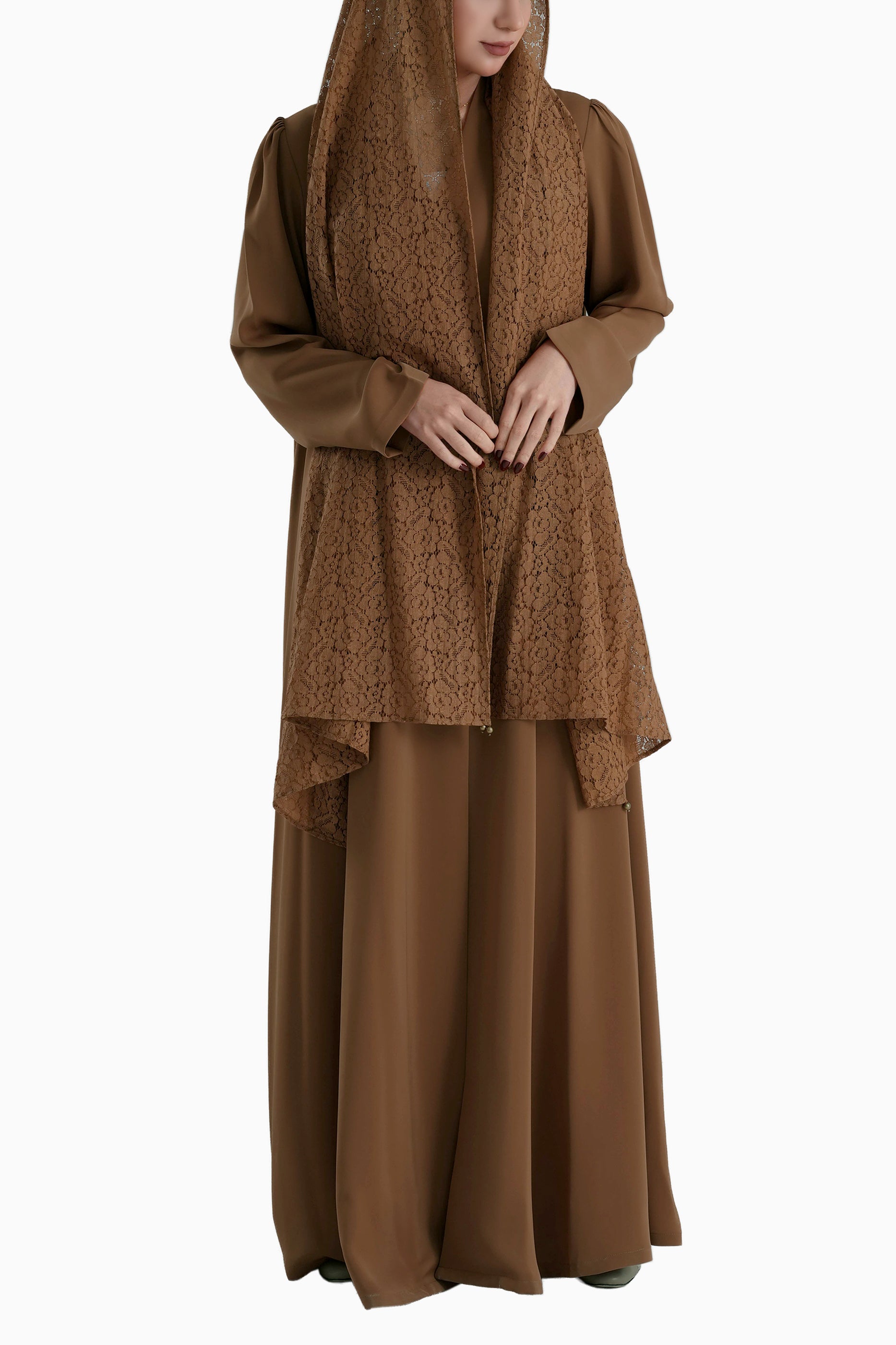 Frenchelle Brown- Plain Minimalist Abaya with Matching Floral Lace Shella Set
