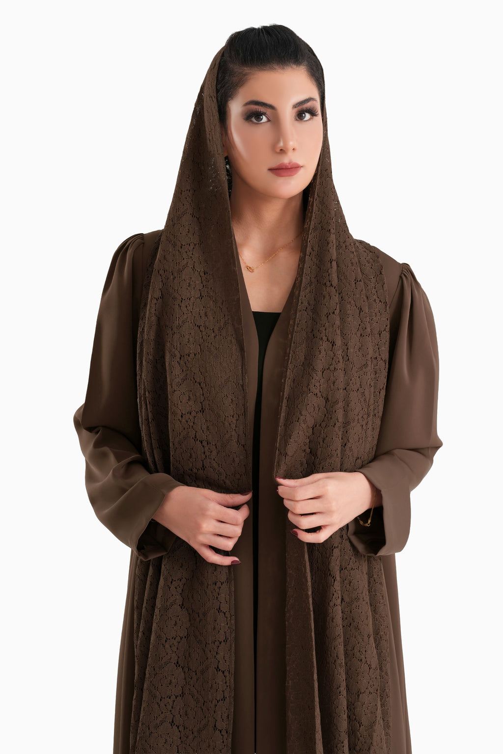 Frenchelle Dark Brown- Plain Minimalist Abaya with Matching Floral Lace Shella Set