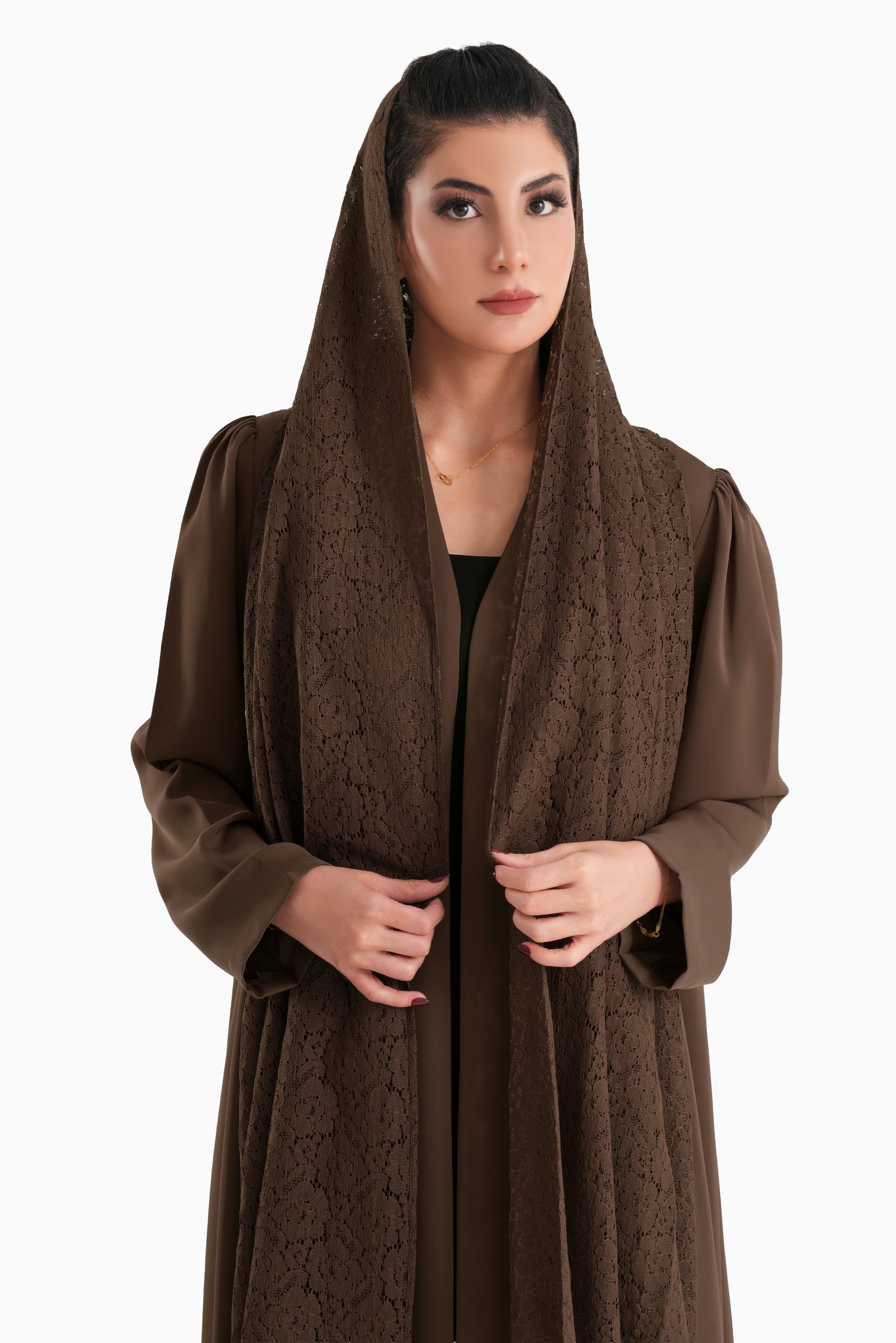 Frenchelle Dark Brown- Plain Minimalist Abaya with Matching Floral Lace Shella Set