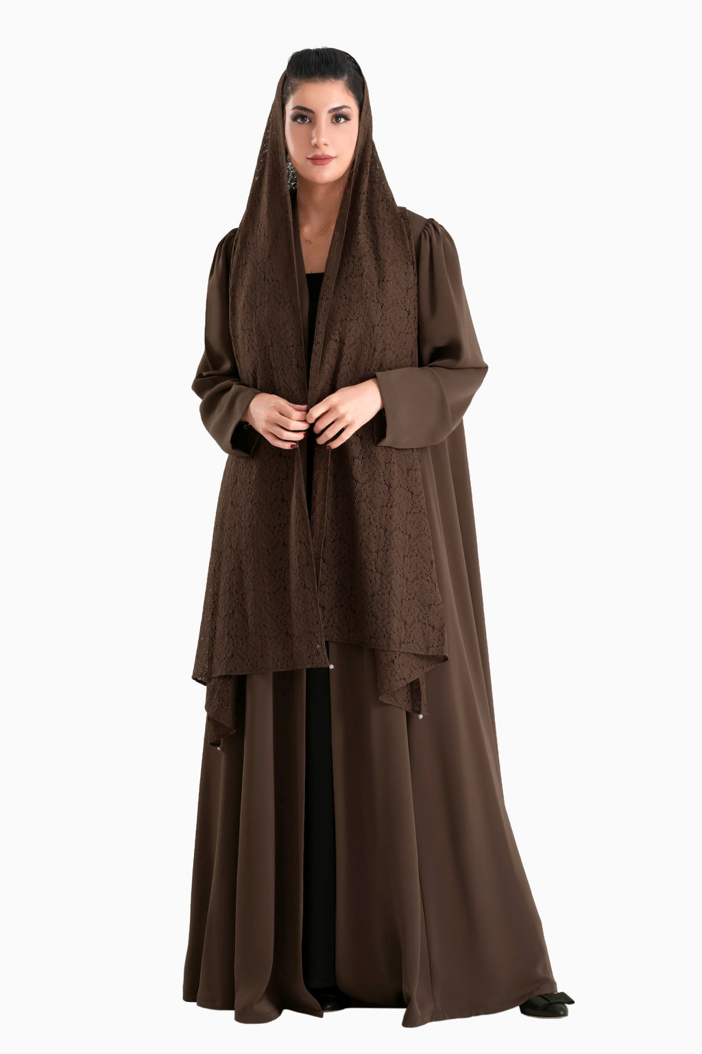 Frenchelle Dark Brown- Plain Minimalist Abaya with Matching Floral Lace Shella Set