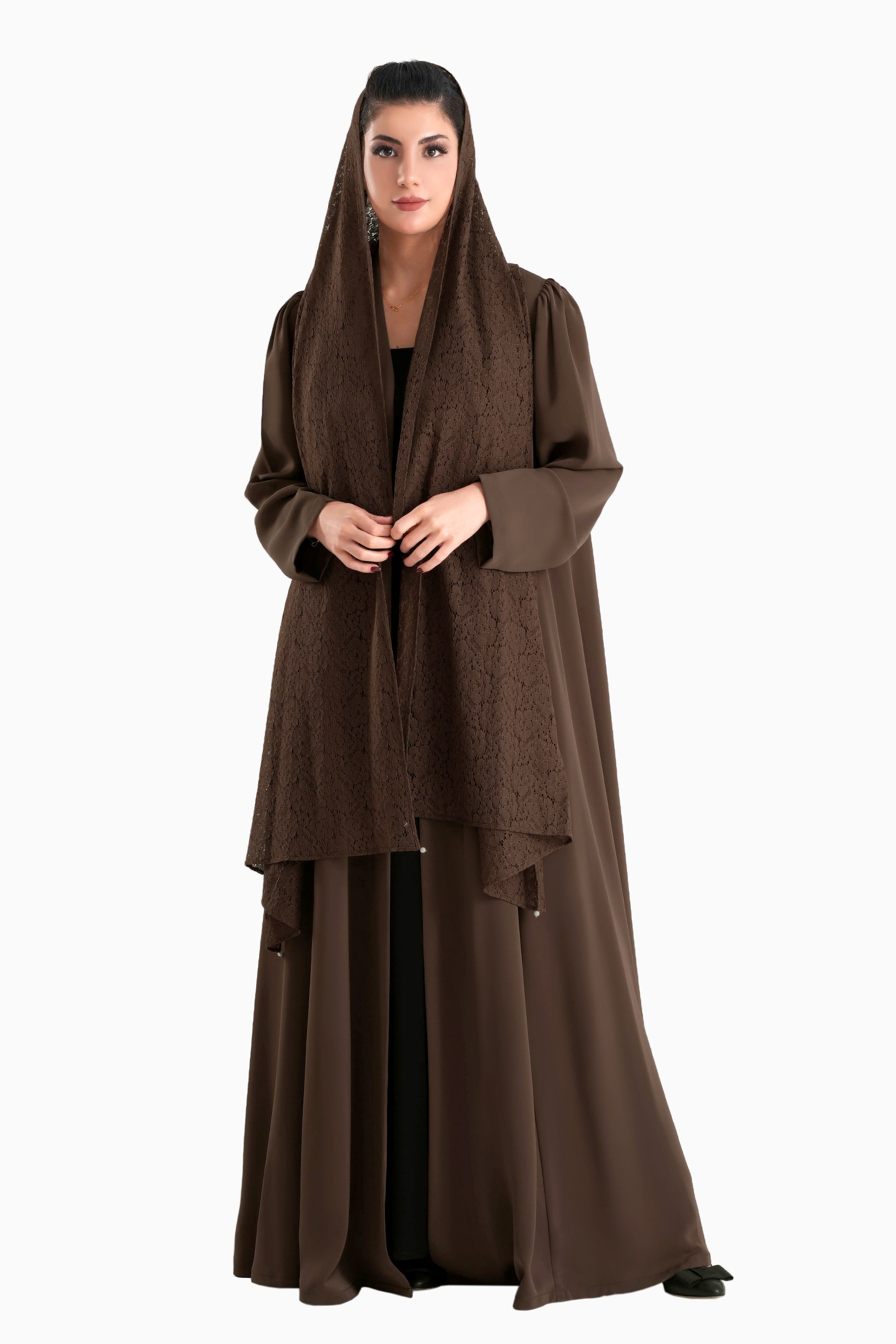 Frenchelle Dark Brown- Plain Minimalist Abaya with Matching Floral Lace Shella Set