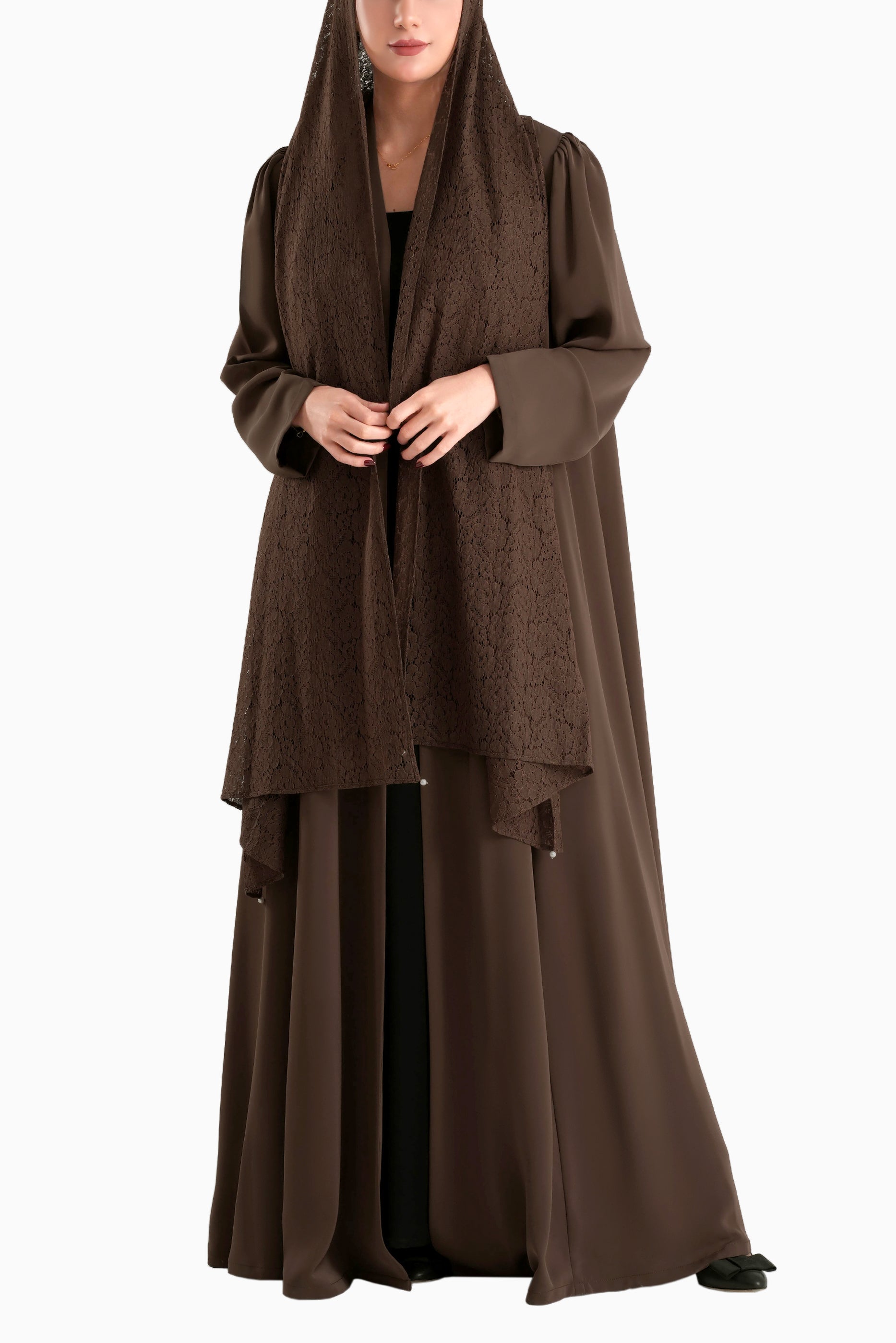 Frenchelle Dark Brown- Plain Minimalist Abaya with Matching Floral Lace Shella Set