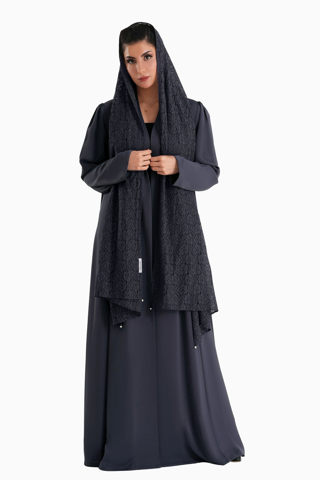 Frenchelle Dark Berry - Plain Minimalist Abaya with Matching Floral Lace Shella Set