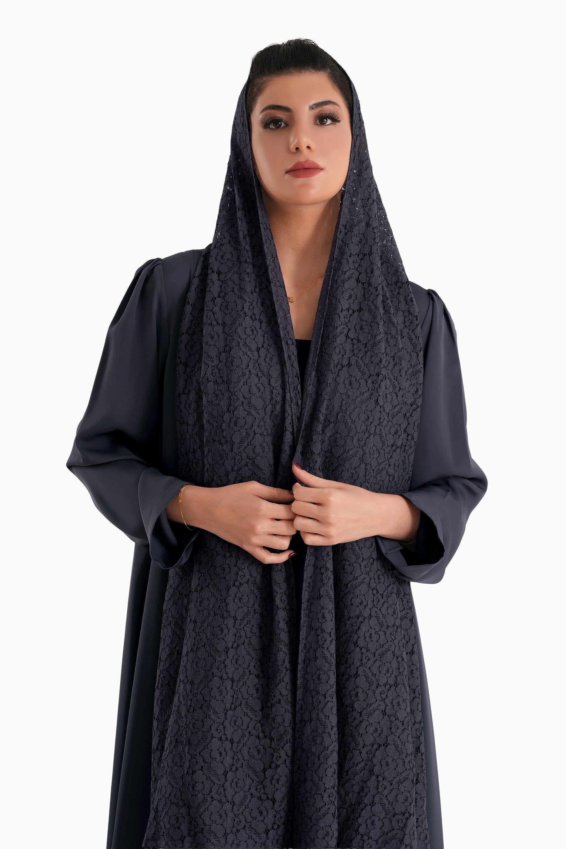 Frenchelle Dark Berry - Plain Minimalist Abaya with Matching Floral Lace Shella Set