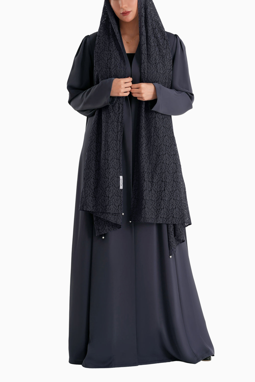 Frenchelle Dark Berry - Plain Minimalist Abaya with Matching Floral Lace Shella Set