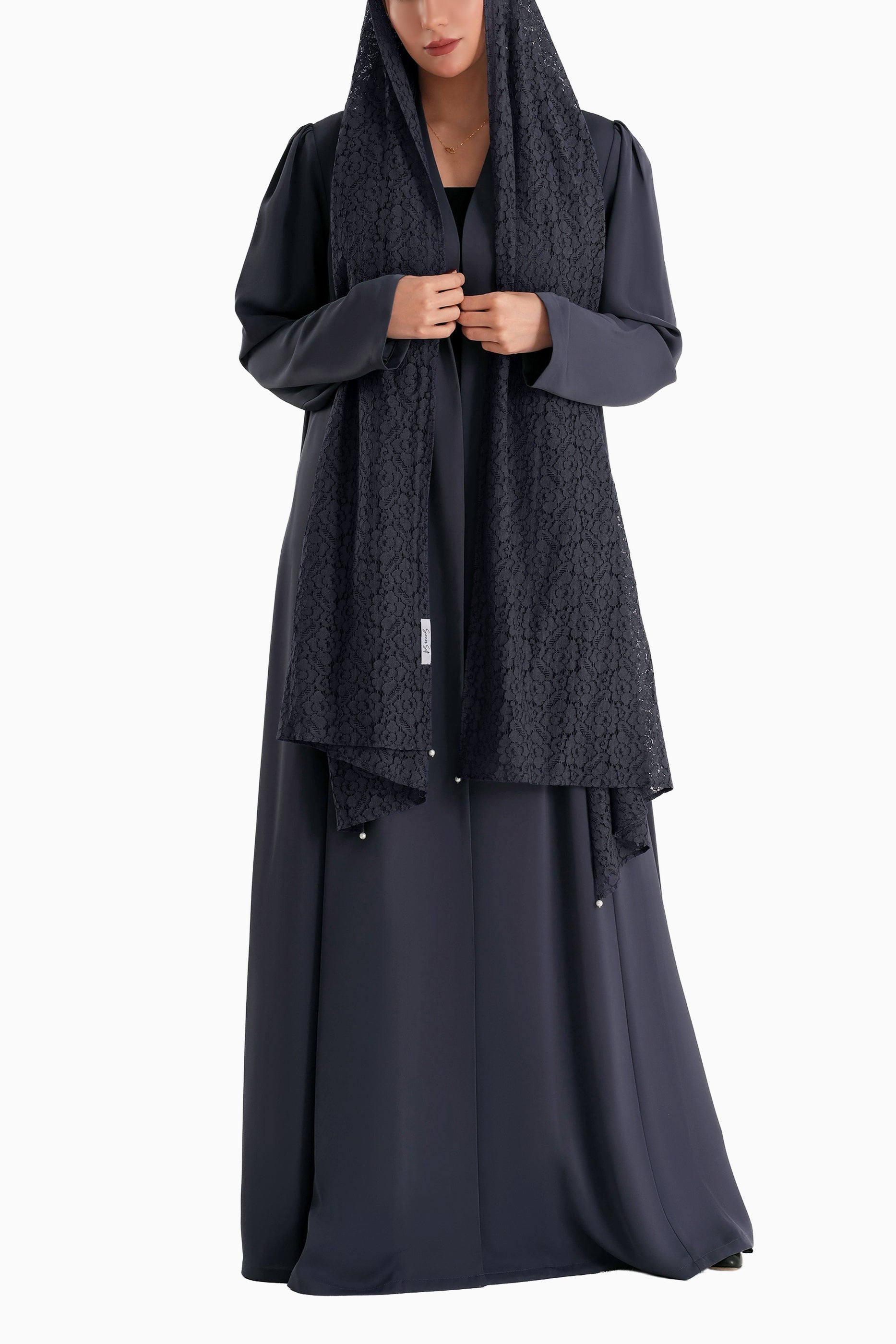 Frenchelle Dark Berry - Plain Minimalist Abaya with Matching Floral Lace Shella Set